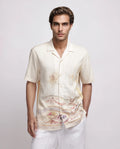 Rare Rabbit Men's Mio Beige Viscose Placement Print Boxy Fit Half Sleeve Cuban Collar Shirt