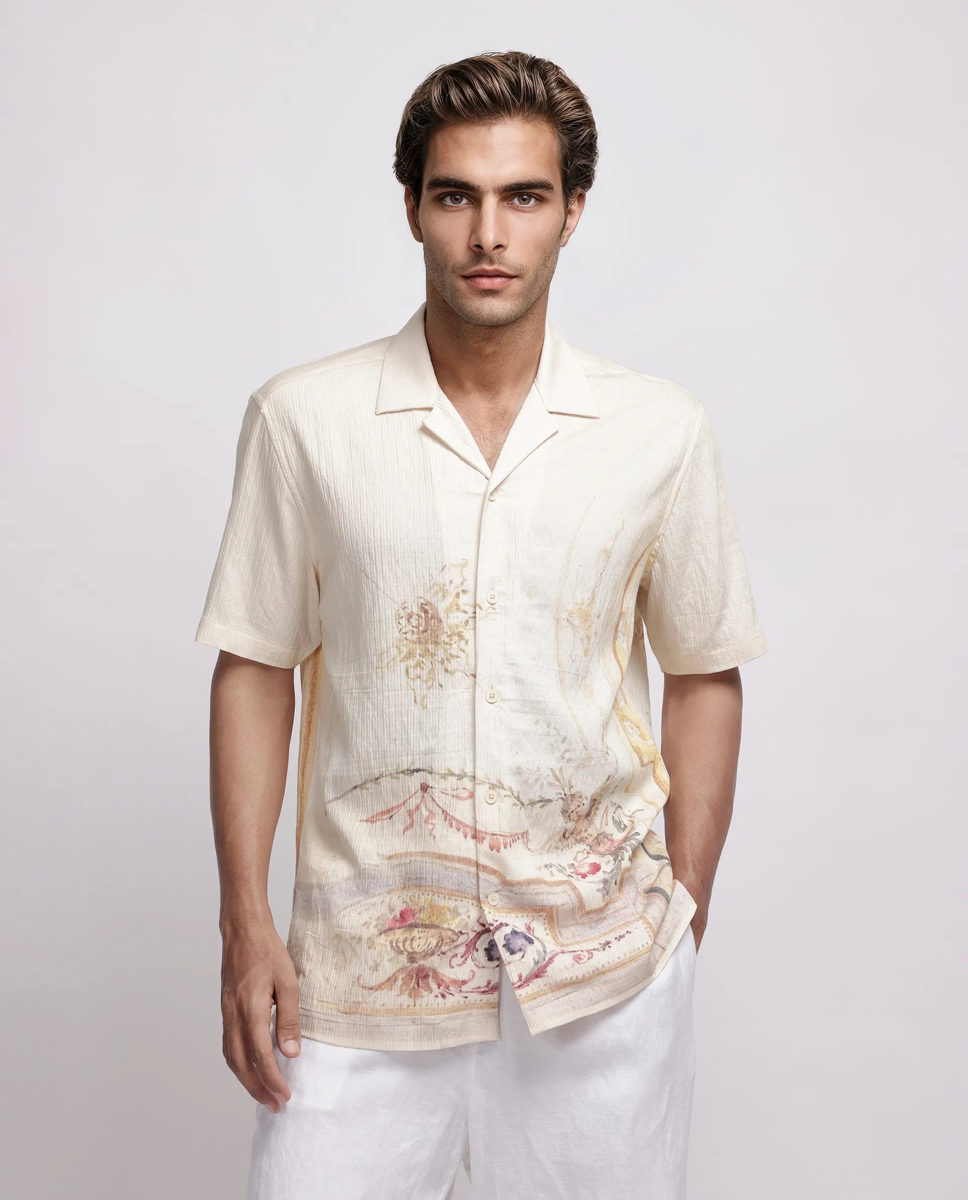 Rare Rabbit Men's Mio Beige Viscose Placement Print Boxy Fit Half Sleeve Cuban Collar Shirt
