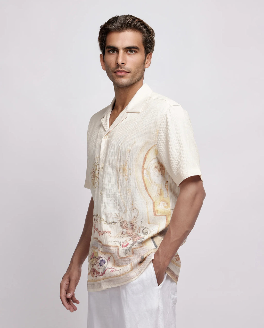Rare Rabbit Men's Mio Beige Viscose Placement Print Boxy Fit Half Sleeve Cuban Collar Shirt
