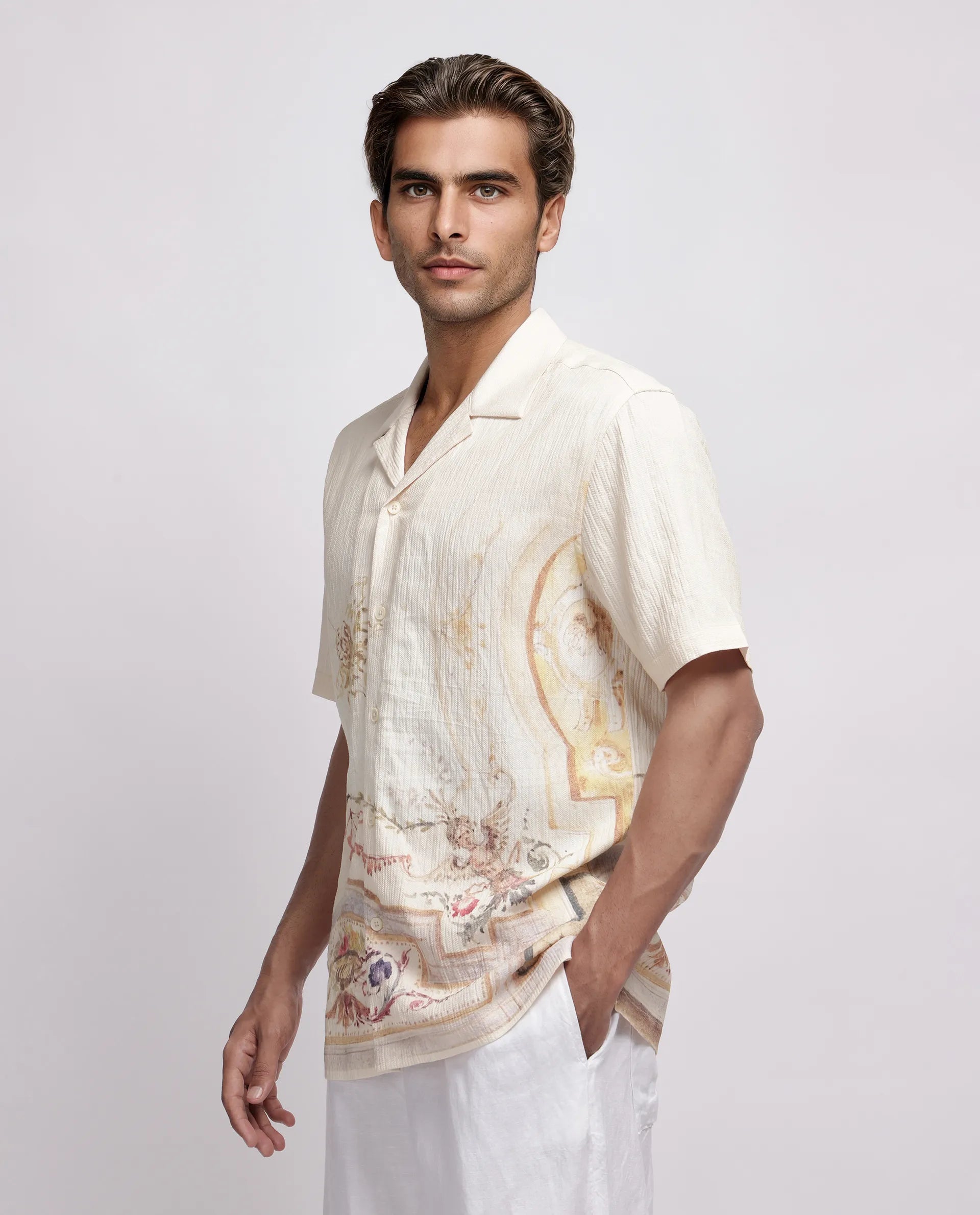 Rare Rabbit Men's Mio Beige Viscose Placement Print Boxy Fit Half Sleeve Cuban Collar Shirt
