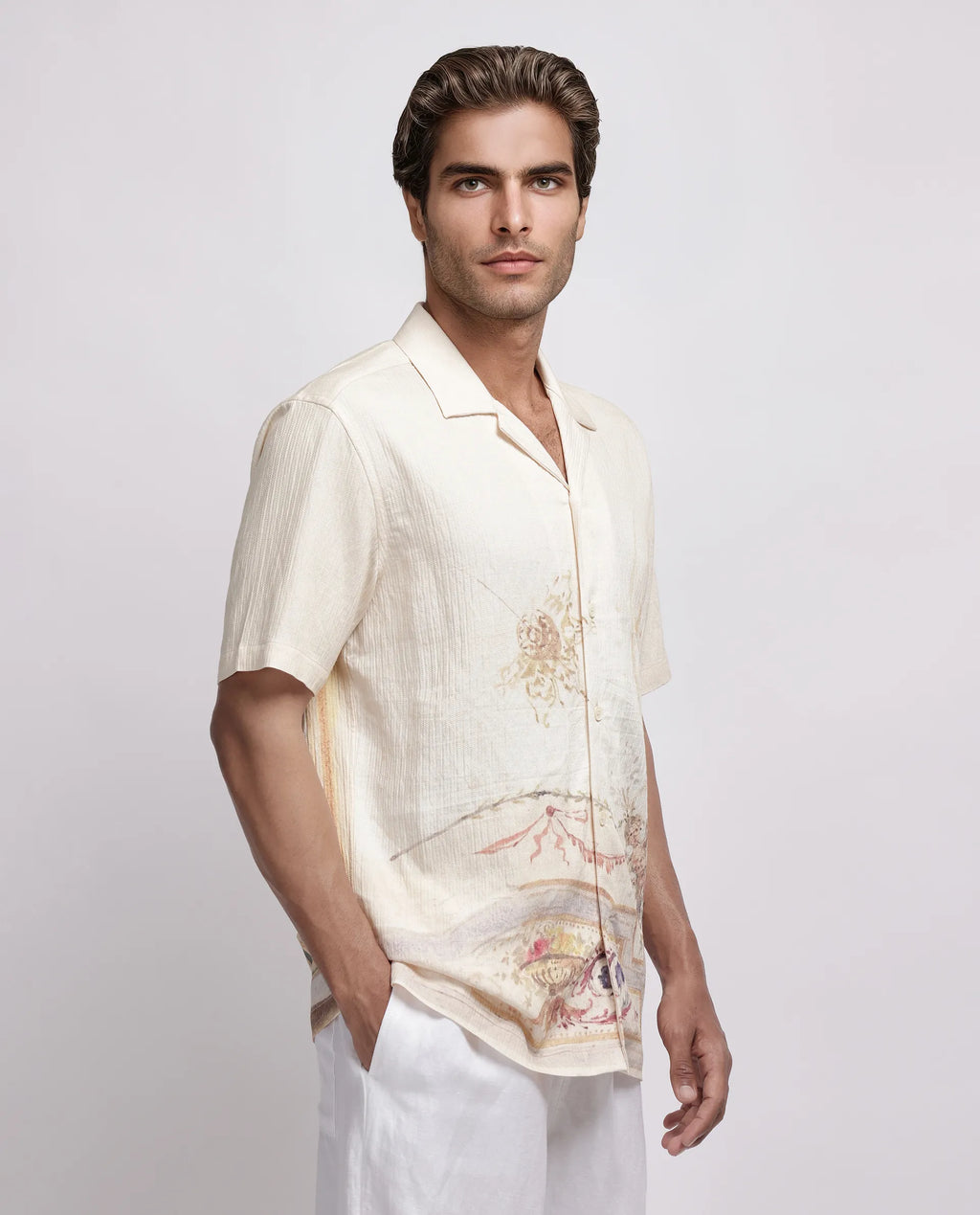 Rare Rabbit Men's Mio Beige Viscose Placement Print Boxy Fit Half Sleeve Cuban Collar Shirt
