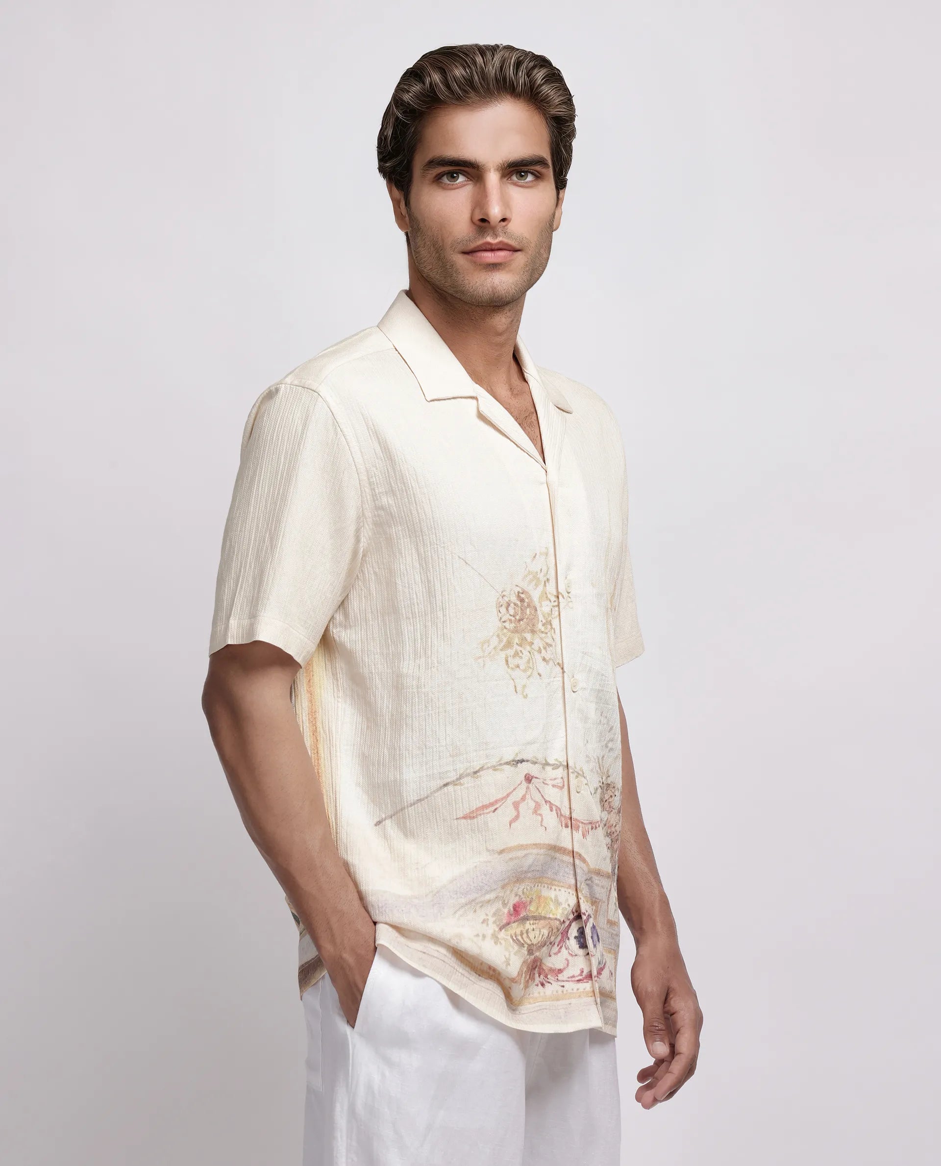 Rare Rabbit Men's Mio Beige Viscose Placement Print Boxy Fit Half Sleeve Cuban Collar Shirt