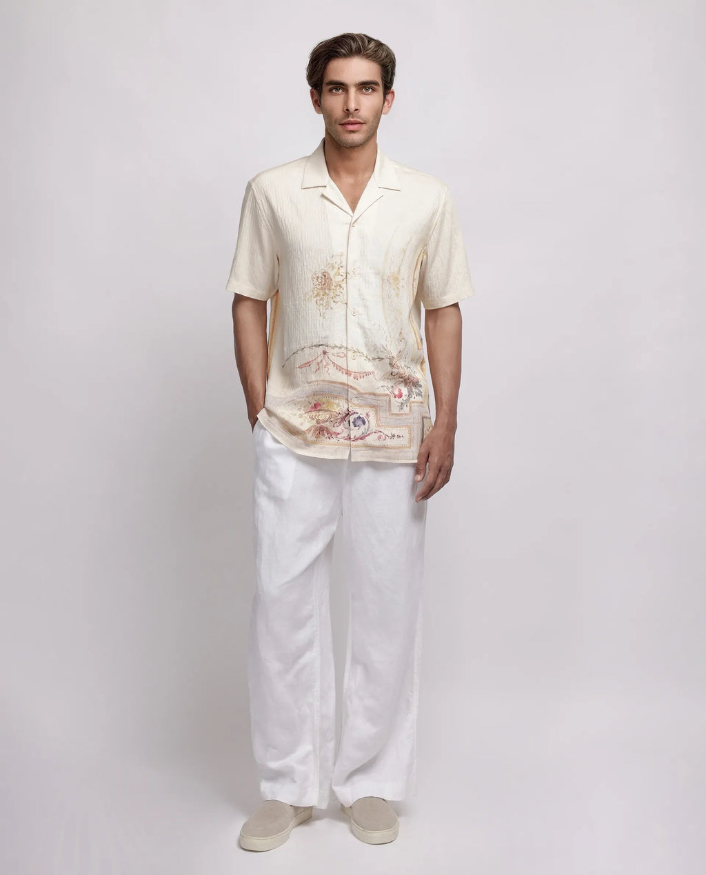 Rare Rabbit Men's Mio Beige Viscose Placement Print Boxy Fit Half Sleeve Cuban Collar Shirt