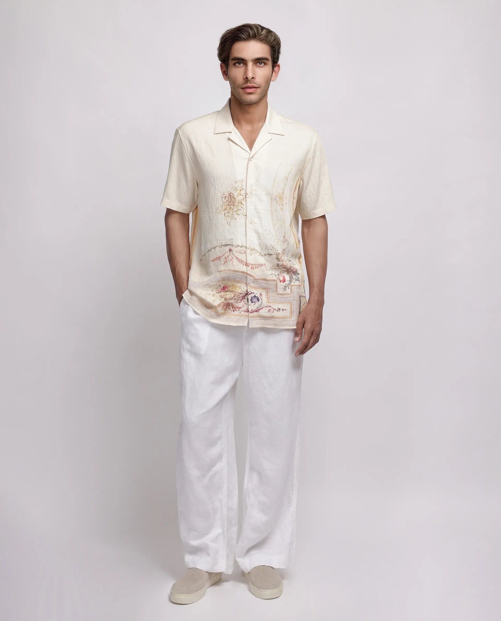 Rare Rabbit Men's Mio Beige Viscose Placement Print Boxy Fit Half Sleeve Cuban Collar Shirt