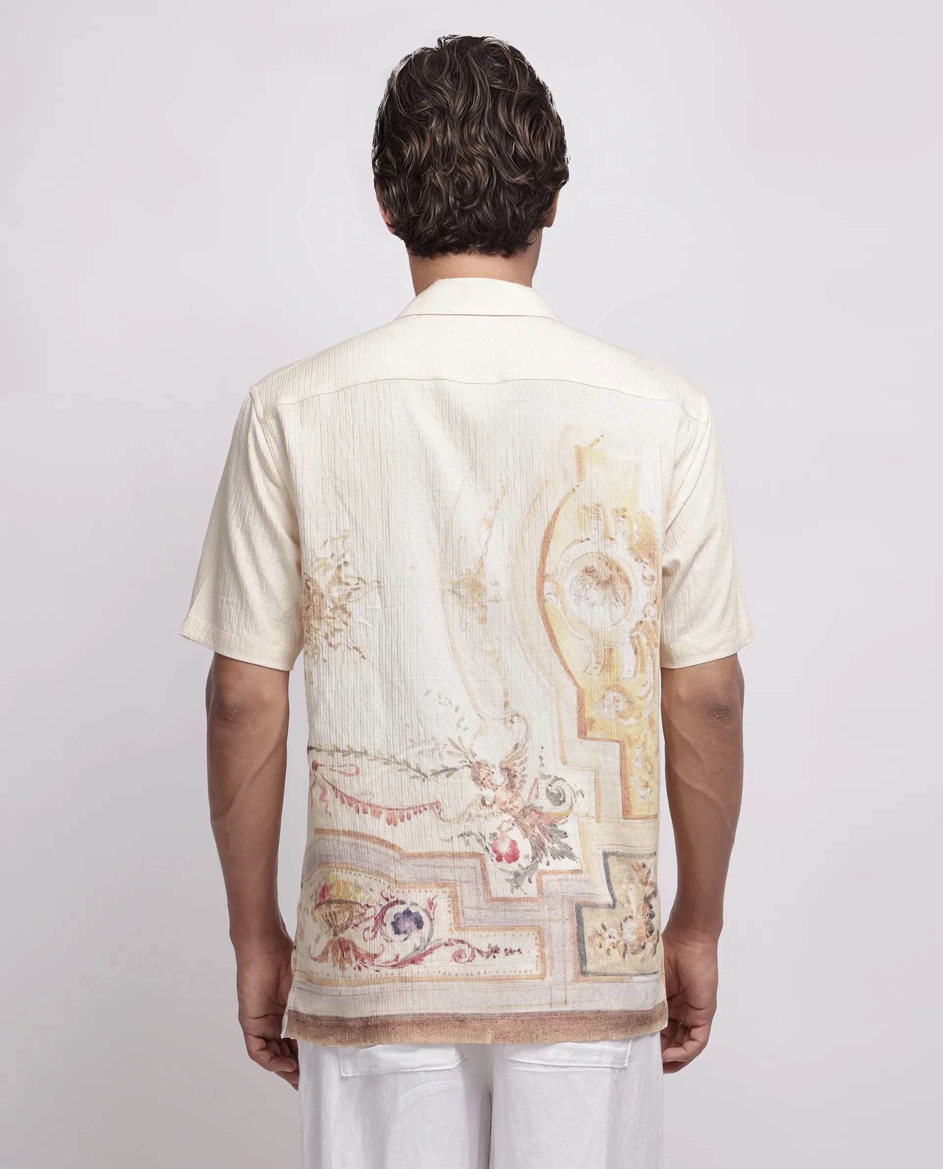 Rare Rabbit Men's Mio Beige Viscose Placement Print Boxy Fit Half Sleeve Cuban Collar Shirt