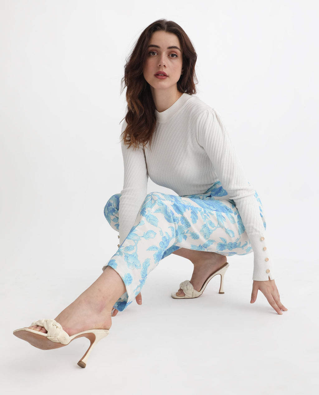 Rareism Women's Mongo Light Blue Polyester Floral Print Ankle Length Relaxed Fit Trouser