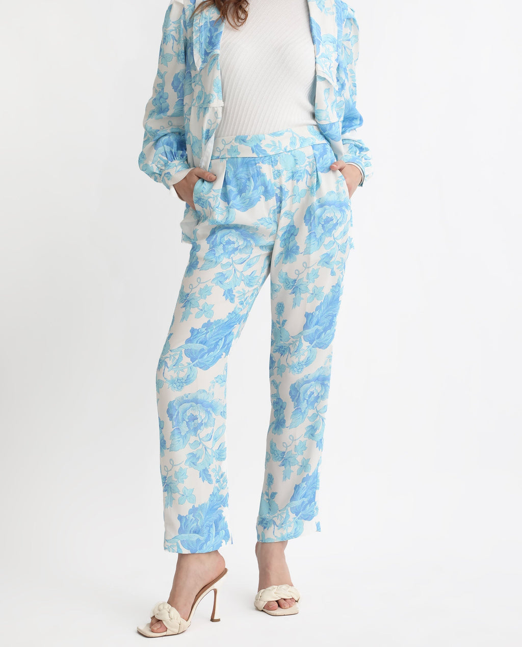 Rareism Women's Mongo Light Blue Polyester Floral Print Ankle Length Relaxed Fit Trouser