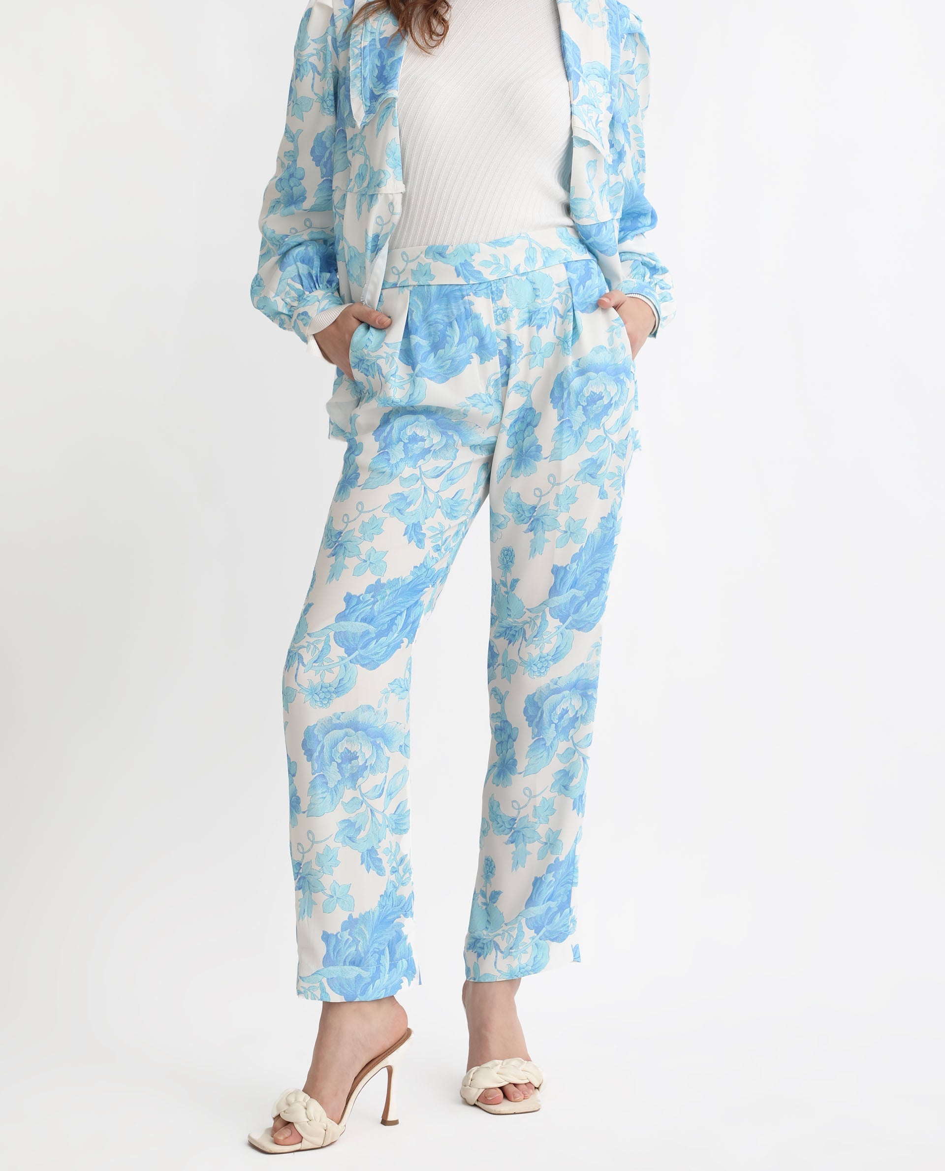 Rareism Women's Mongo Light Blue Polyester Floral Print Ankle Length Relaxed Fit Trouser
