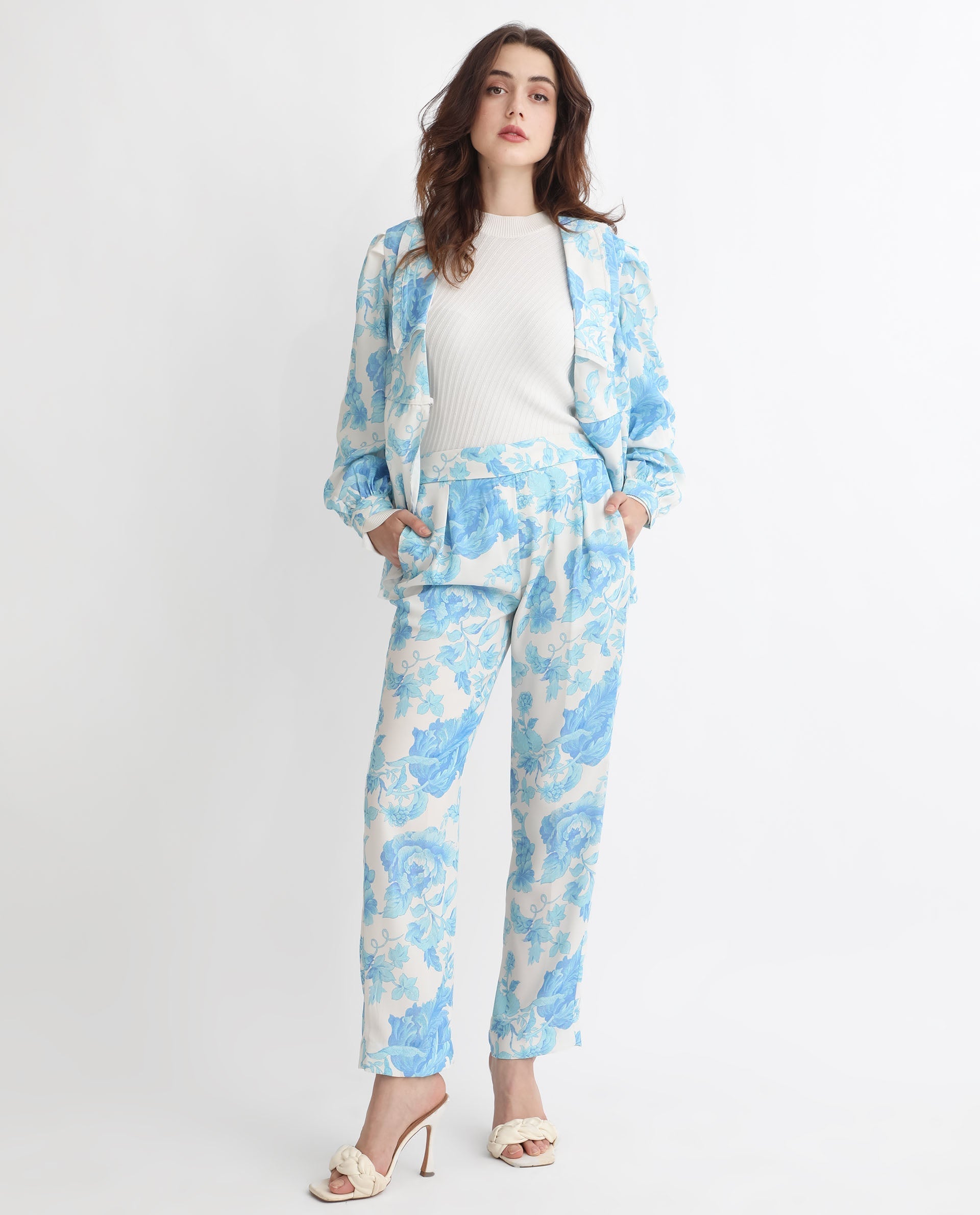 Rareism Women's Mongo Light Blue Polyester Floral Print Ankle Length Relaxed Fit Trouser