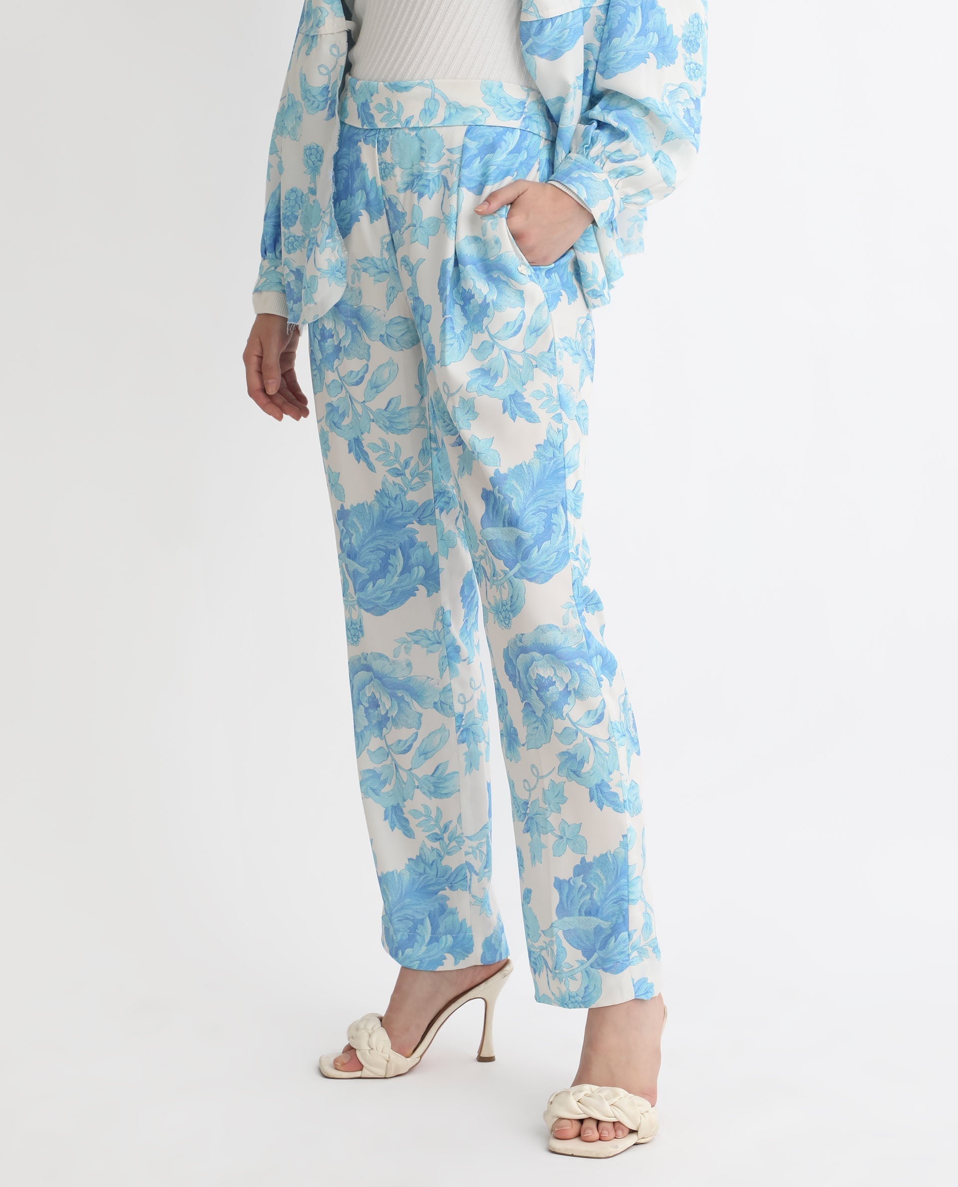 Rareism Women's Mongo Light Blue Polyester Floral Print Ankle Length Relaxed Fit Trouser