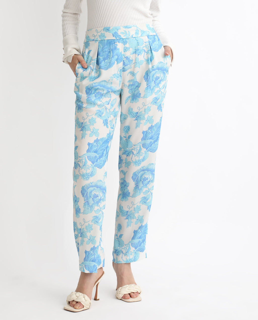 Rareism Women's Mongo Light Blue Polyester Floral Print Ankle Length Relaxed Fit Trouser