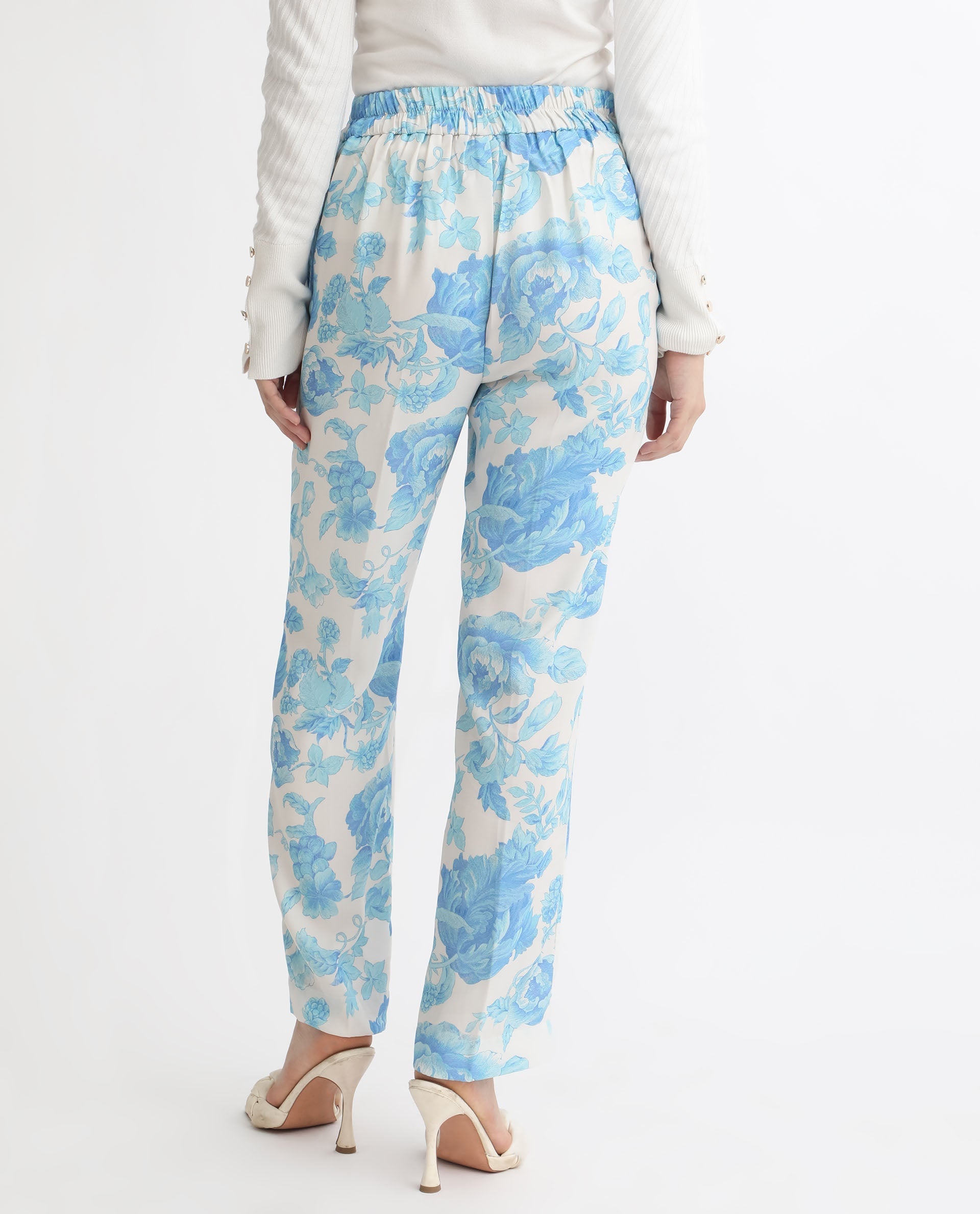 Rareism Women's Mongo Light Blue Polyester Floral Print Ankle Length Relaxed Fit Trouser