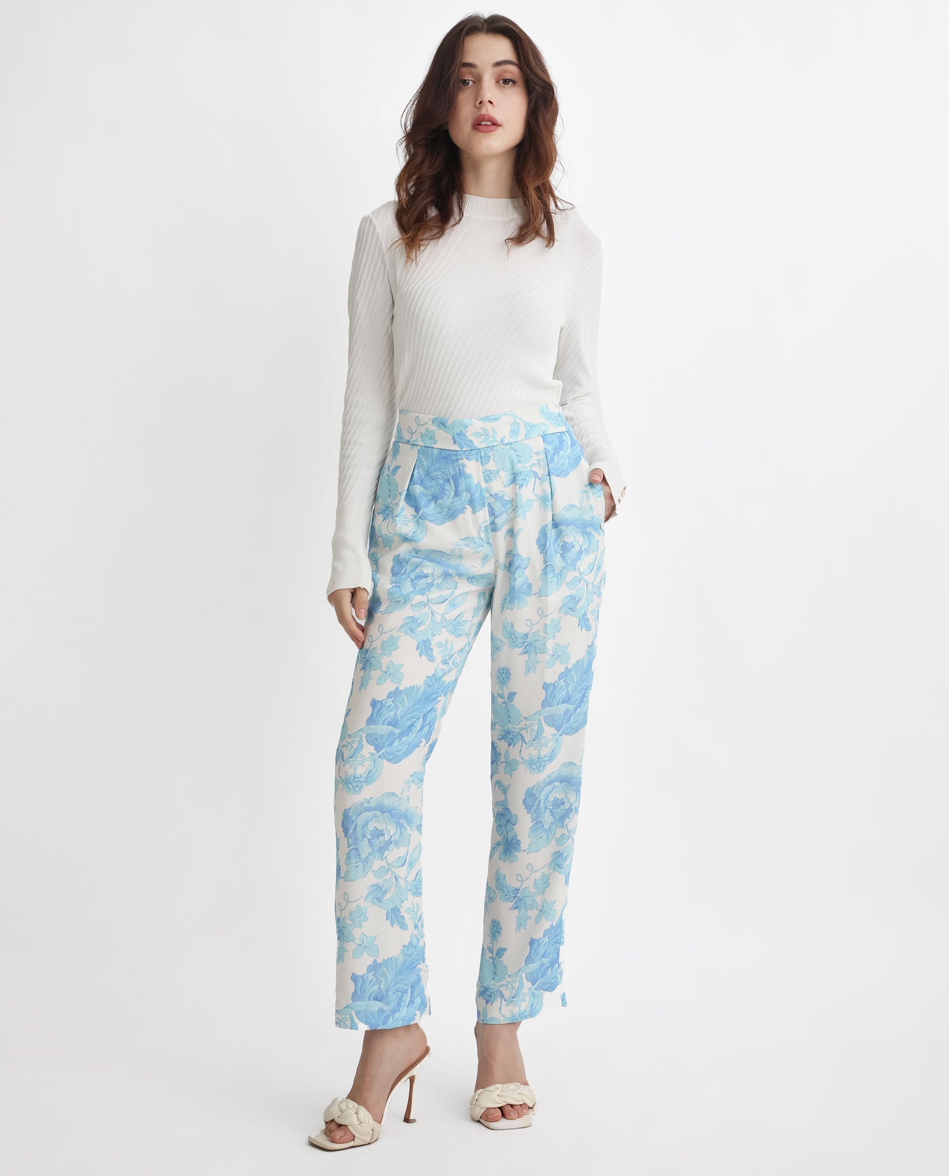 Rareism Women's Mongo Light Blue Polyester Floral Print Ankle Length Relaxed Fit Trouser