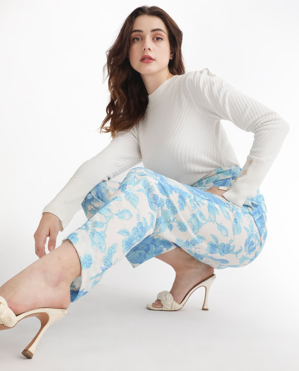 Rareism Women's Mongo Light Blue Polyester Floral Print Ankle Length Relaxed Fit Trouser