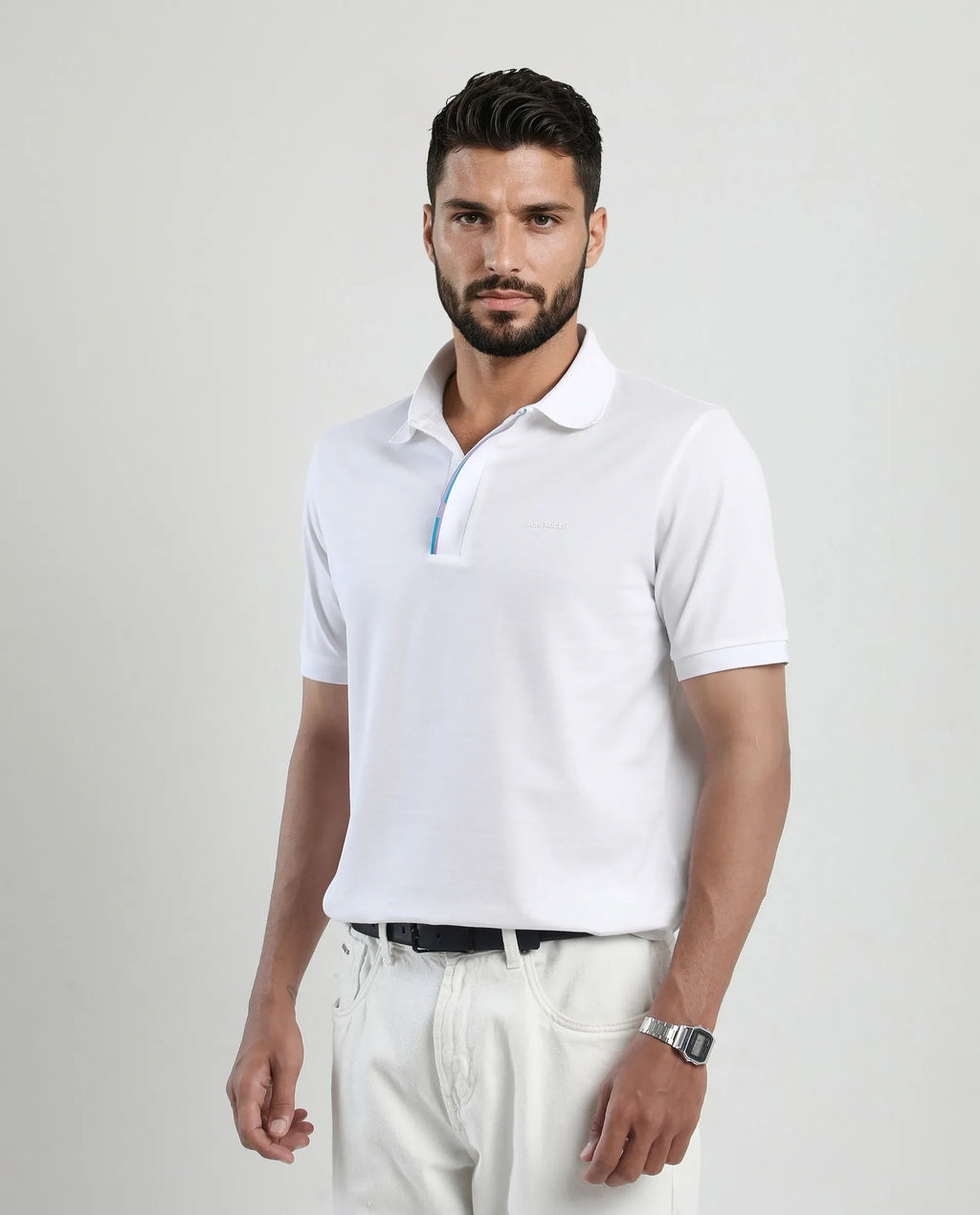Rare Rabbit Men's Mor White Cotton Blend Plain Regular Fit Half Sleeve Polo