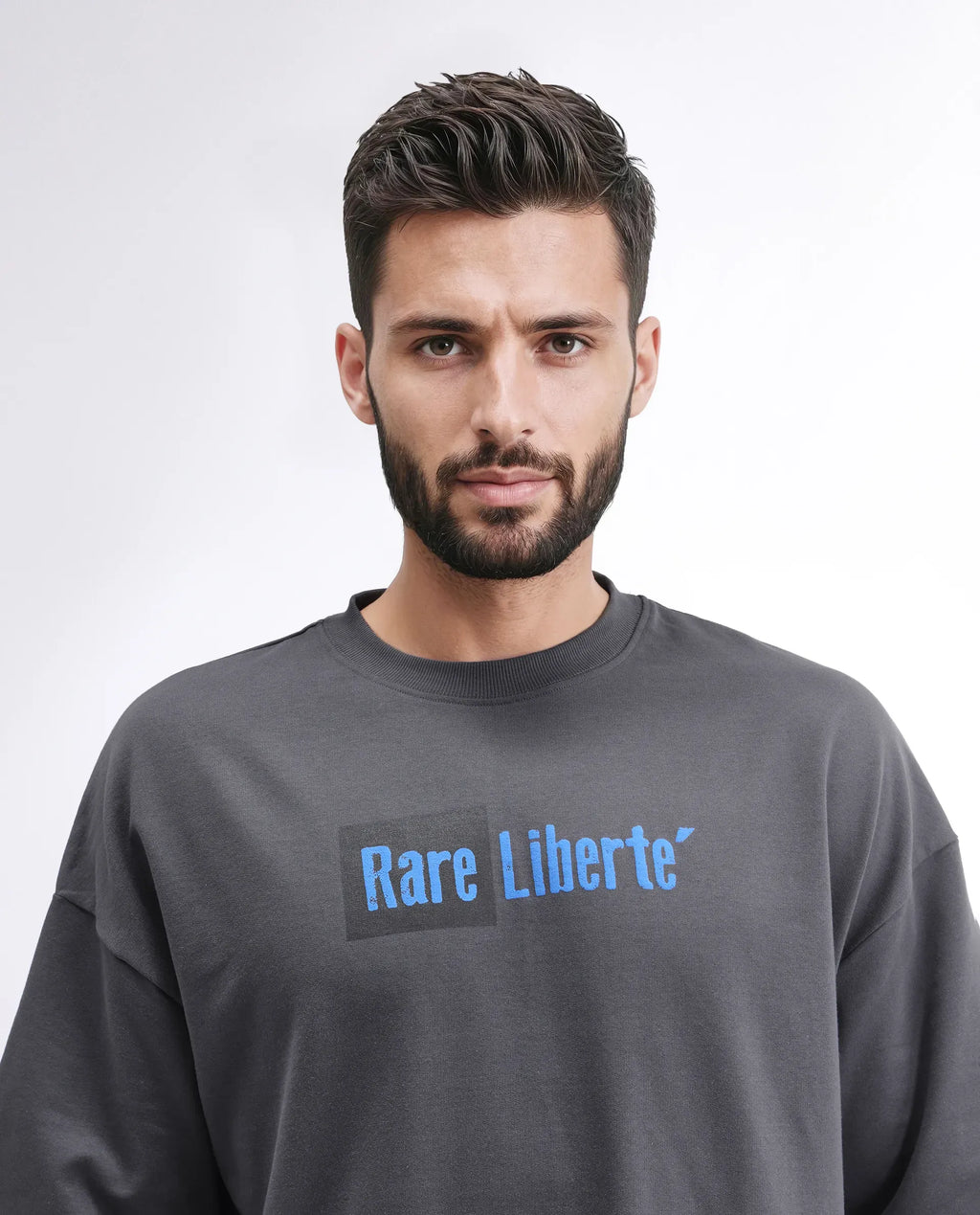 Rare Rabbit Men's Moshe Grey Cotton Graphic Print Oversized Fit Half Sleeve Crew Neck T-Shirt