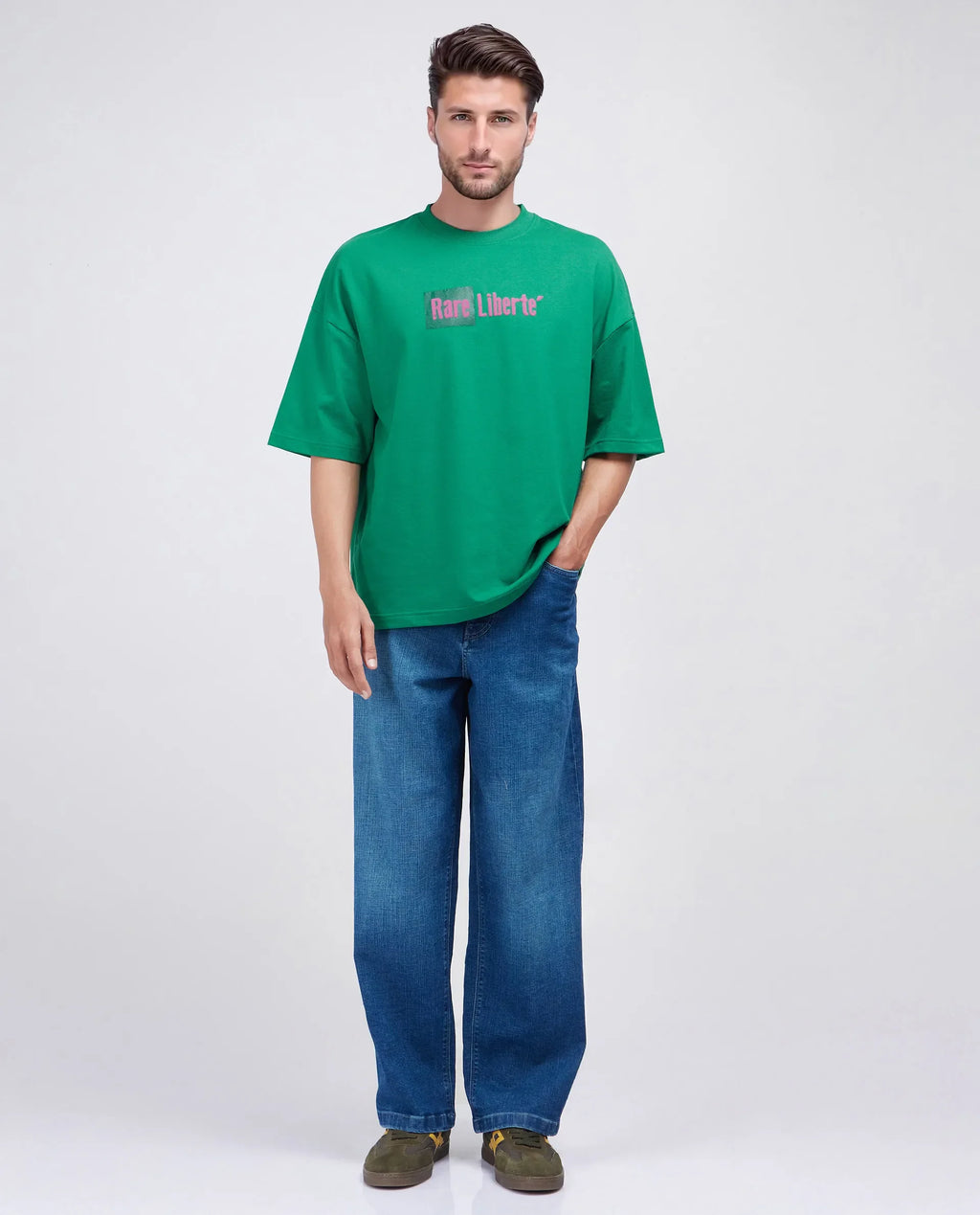 Rare Rabbit Men's Moshe Green Cotton Graphic Print Oversized Fit Half Sleeve Crew Neck T-Shirt