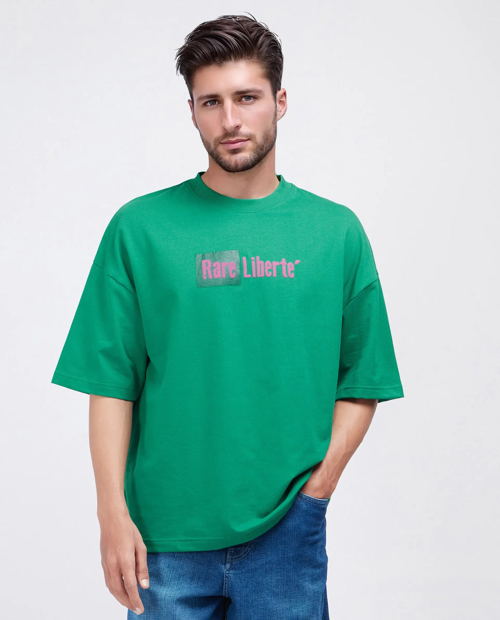 Rare Rabbit Men's Moshe Green Cotton Graphic Print Oversized Fit Half Sleeve Crew Neck T-Shirt