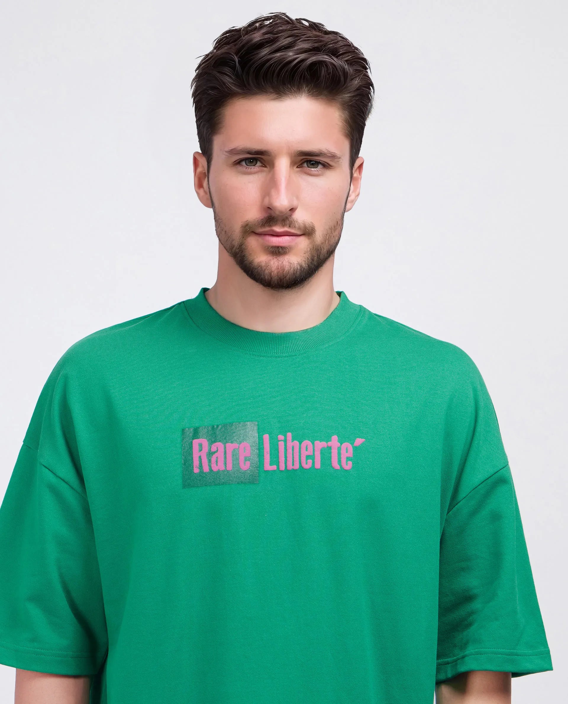 Rare Rabbit Men's Moshe Green Cotton Graphic Print Oversized Fit Half Sleeve Crew Neck T-Shirt