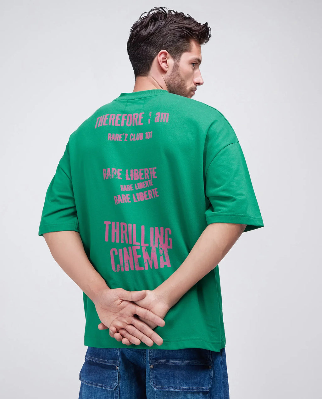 Rare Rabbit Men's Moshe Green Cotton Graphic Print Oversized Fit Half Sleeve Crew Neck T-Shirt