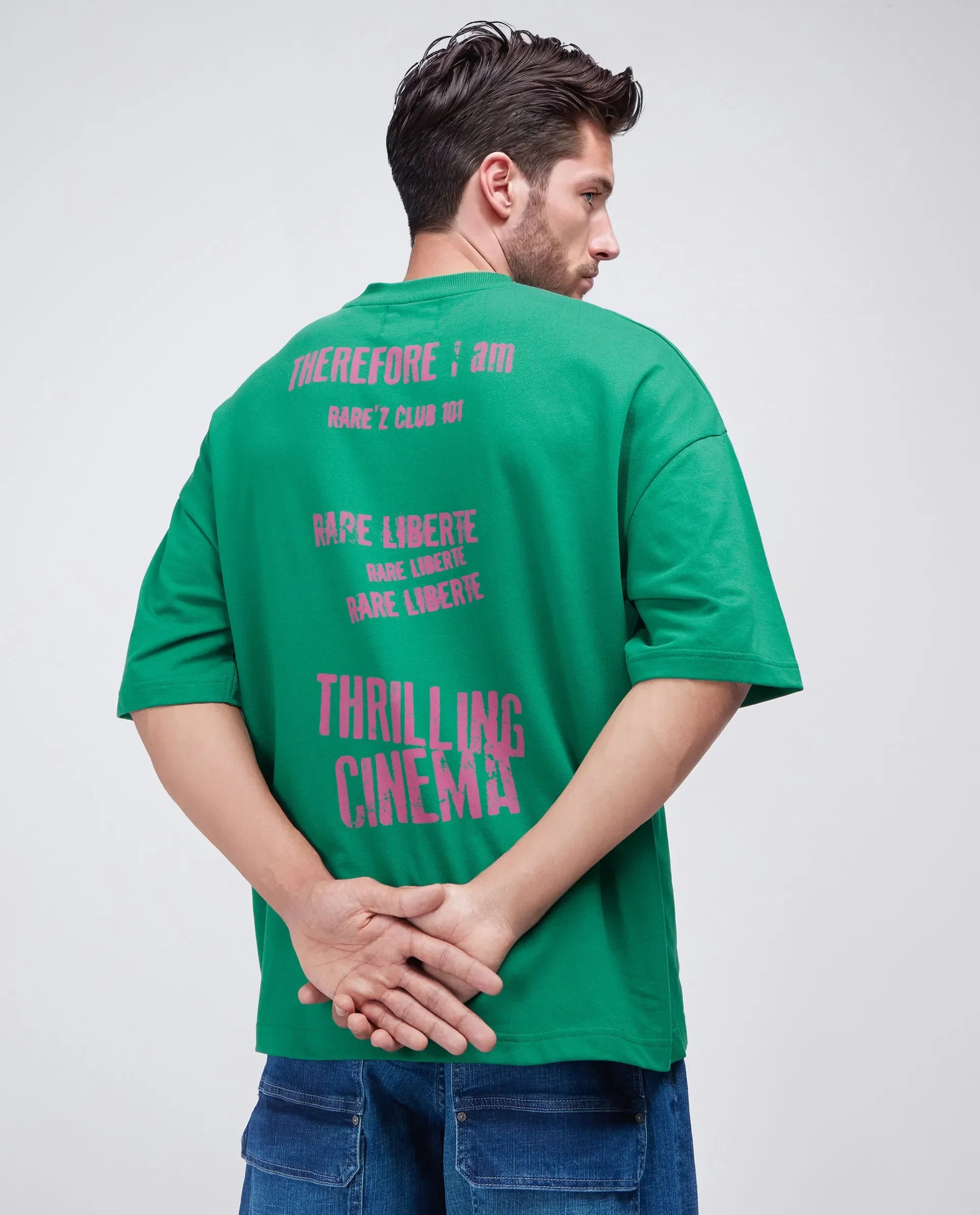 Rare Rabbit Men's Moshe Green Cotton Graphic Print Oversized Fit Half Sleeve Crew Neck T-Shirt
