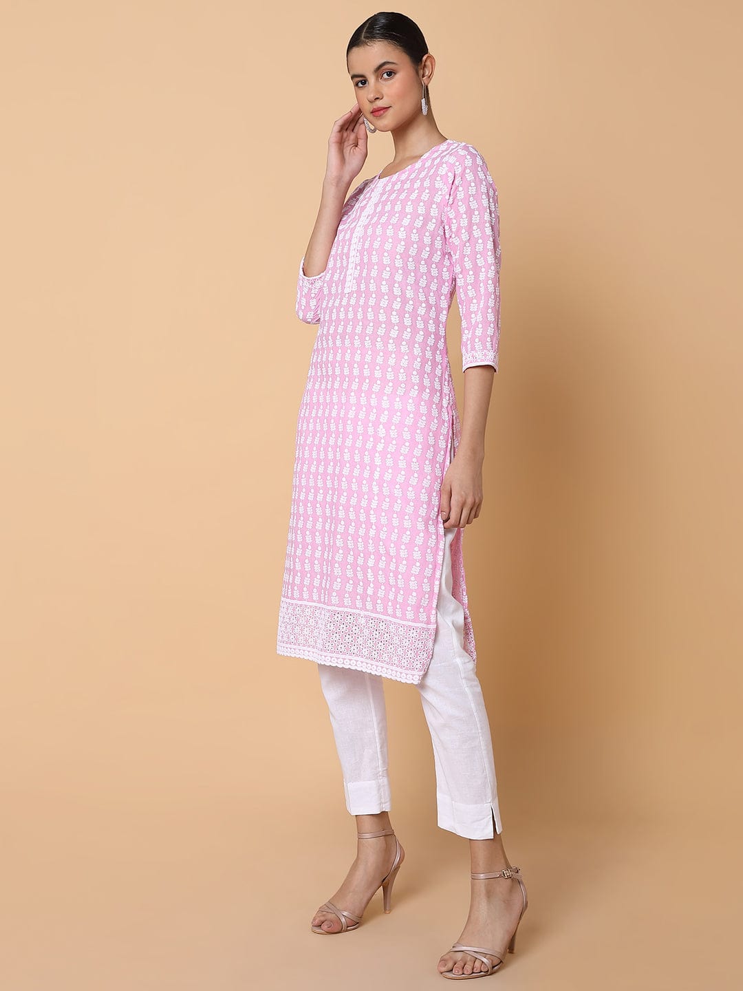 Women's Floral Chikankari Pink Straight Kurta