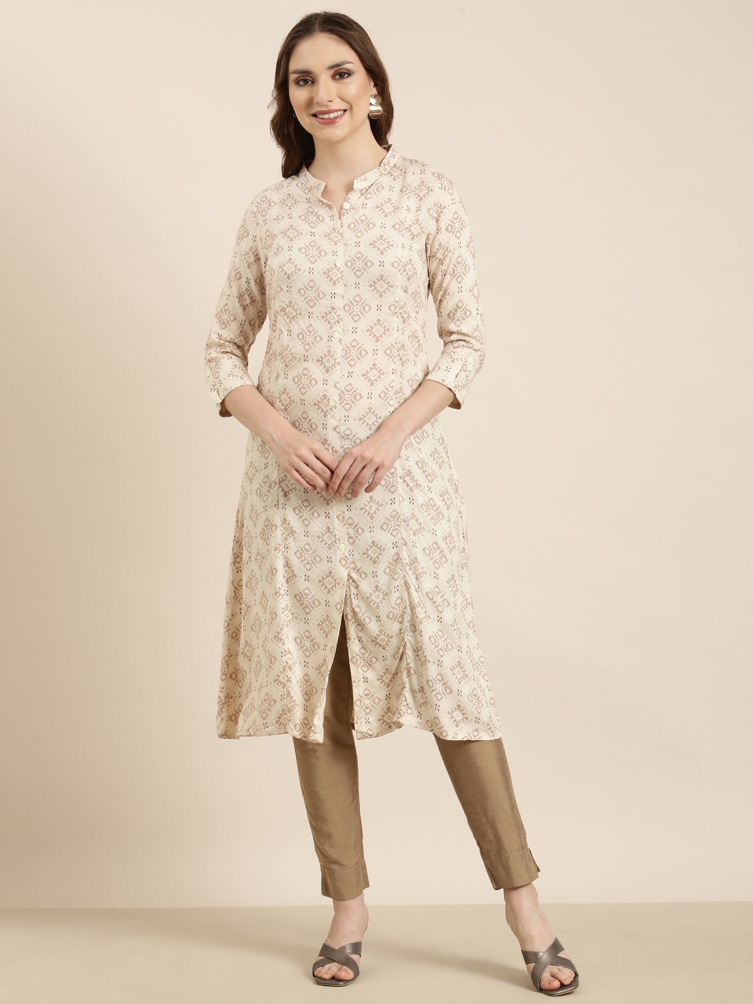 Women's A-Line Beige Geometric Kurta