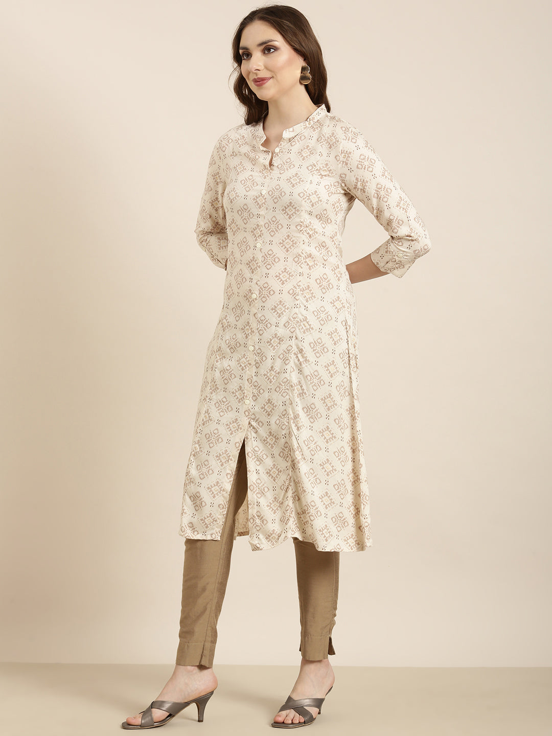 Women's A-Line Beige Geometric Kurta