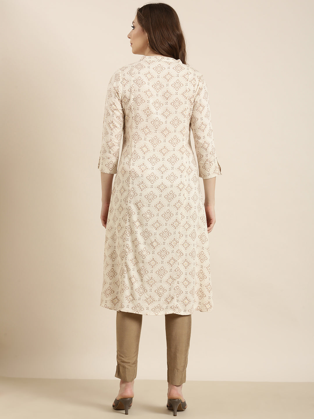 Women's A-Line Beige Geometric Kurta