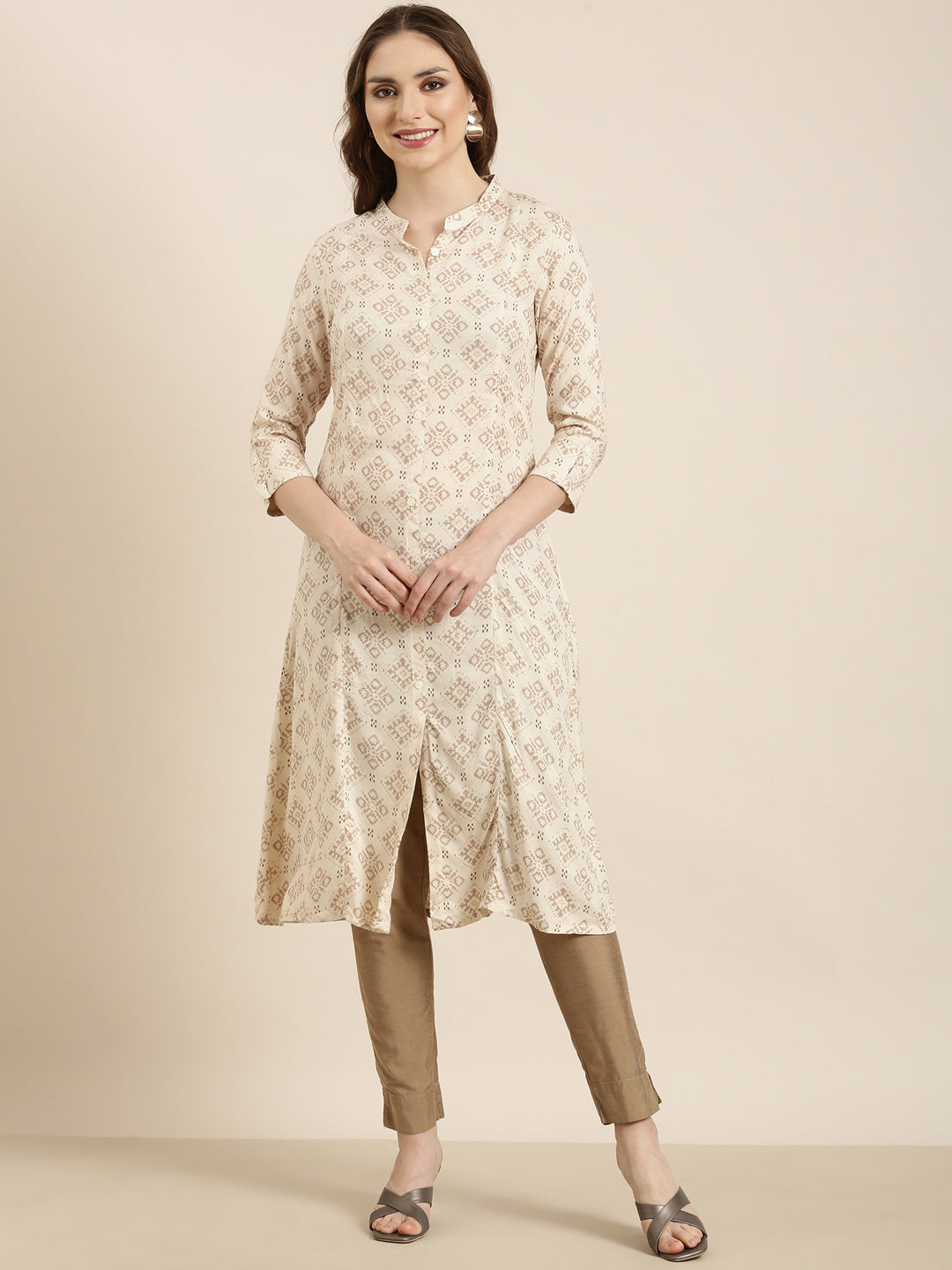 Women's A-Line Beige Geometric Kurta