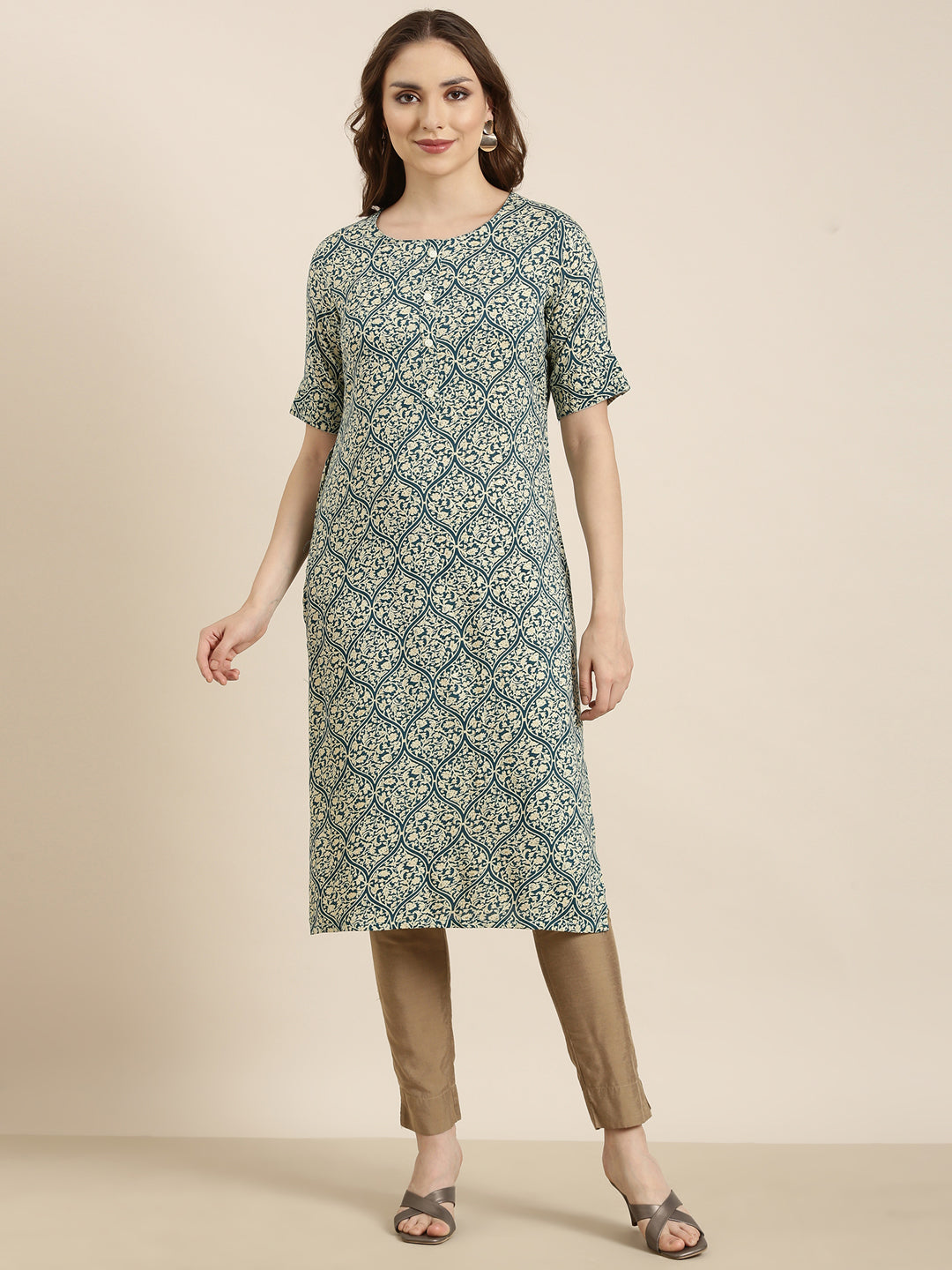 Women's Straight Teal Ethnic Motifs Kurta