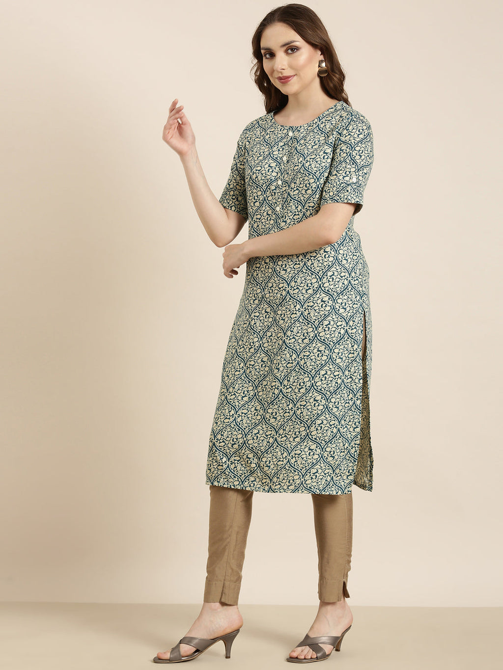 Women's Straight Teal Ethnic Motifs Kurta
