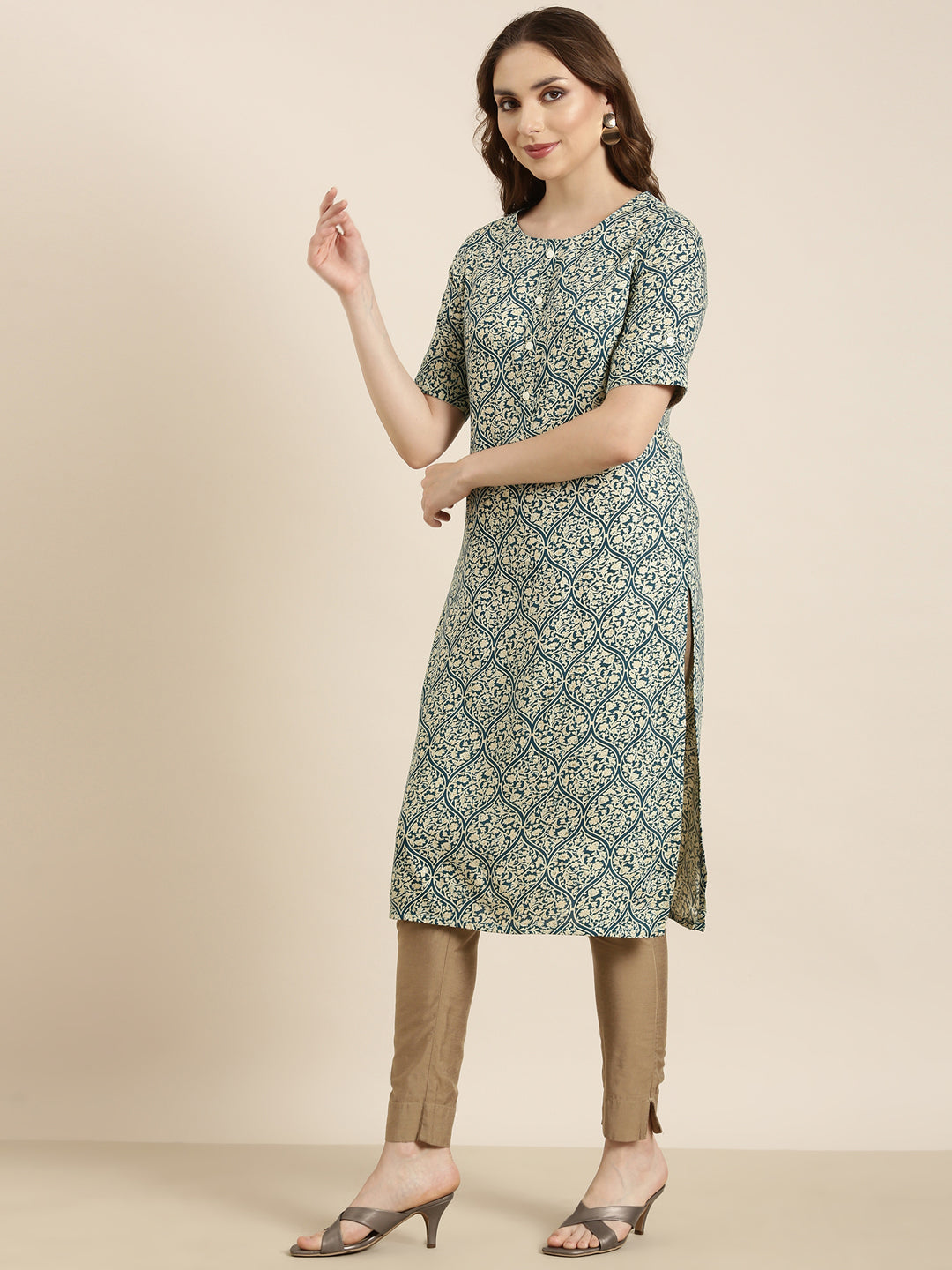 Women's Straight Teal Ethnic Motifs Kurta