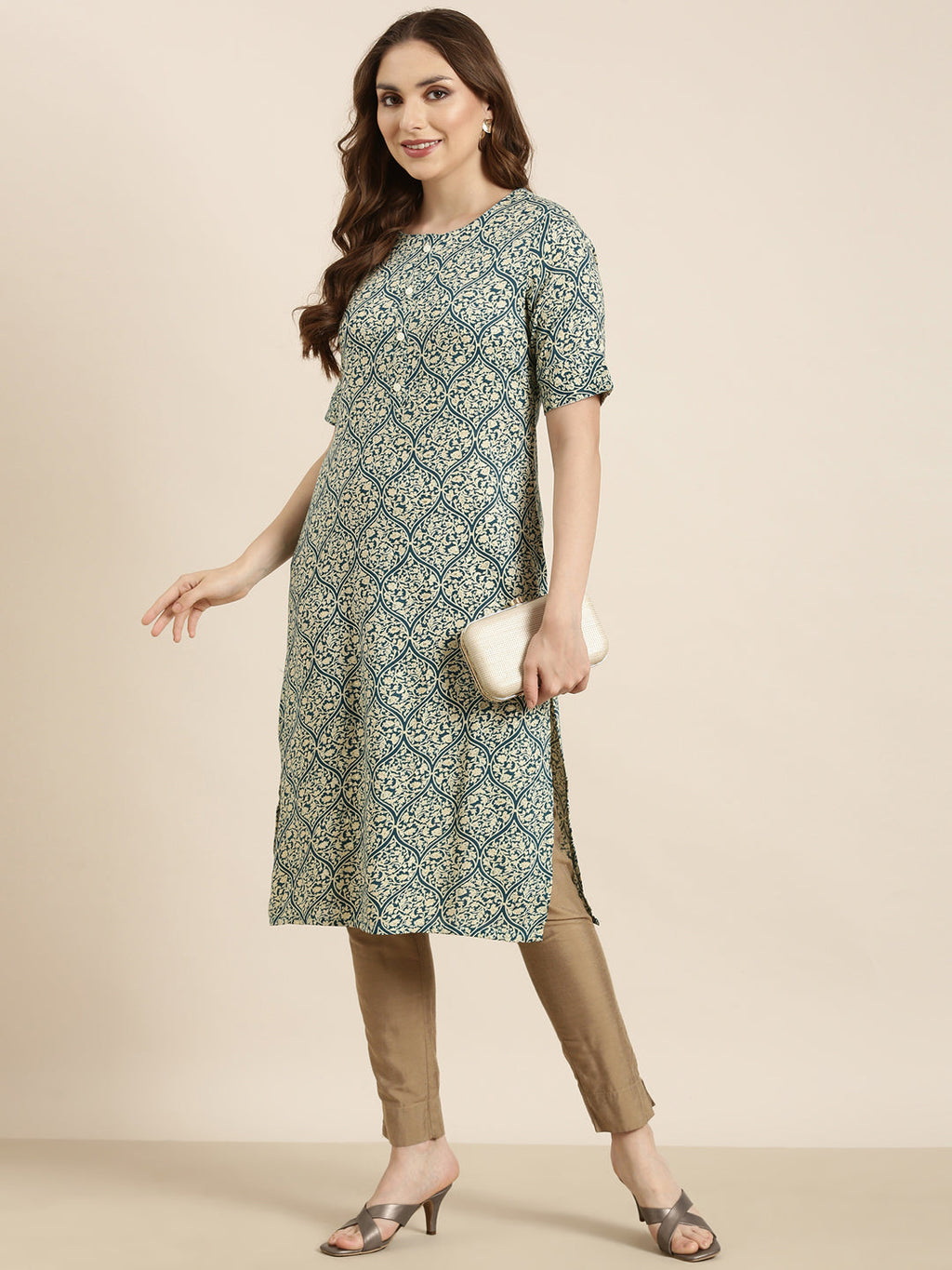 Women's Straight Teal Ethnic Motifs Kurta