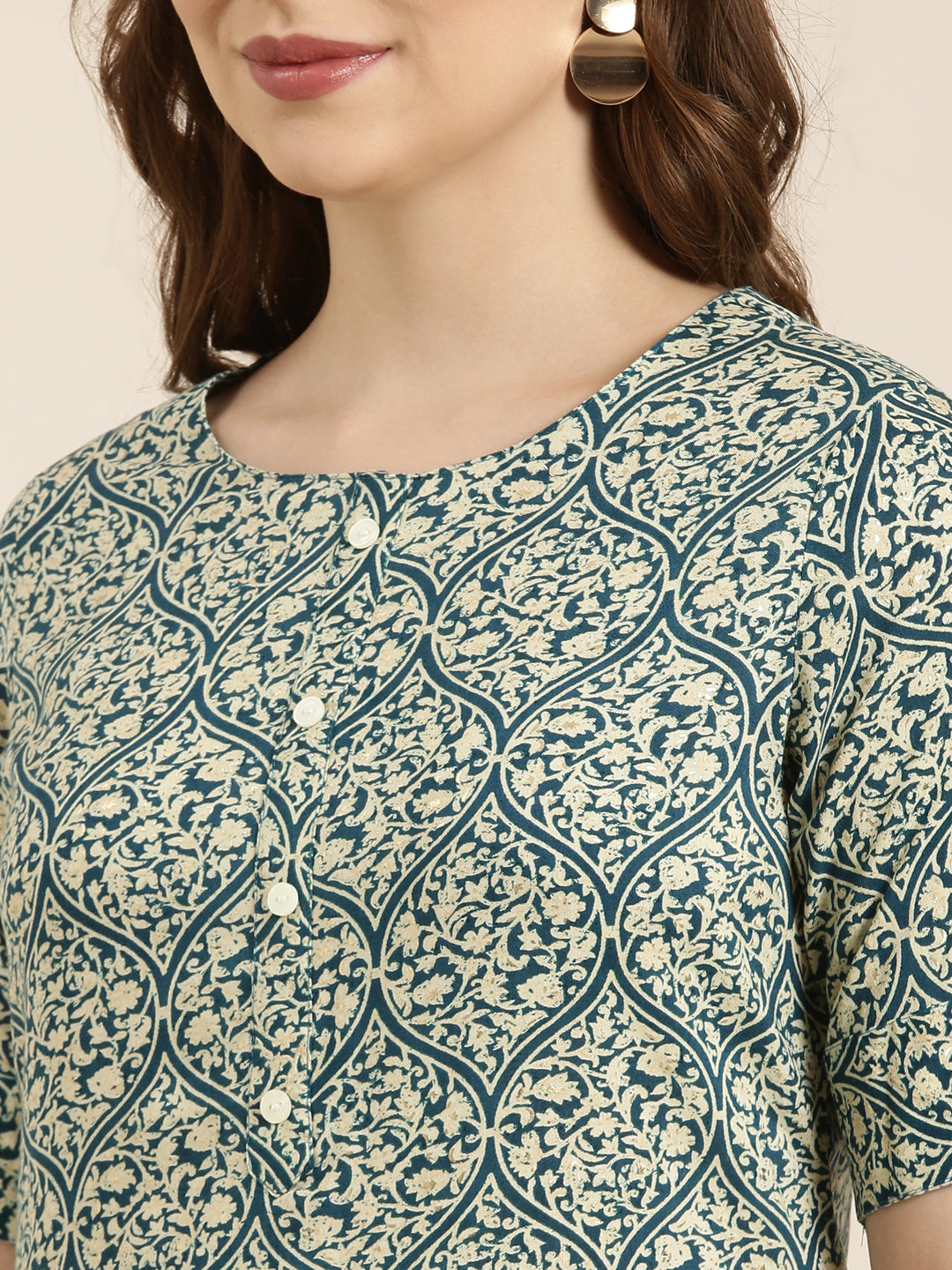 Women's Straight Teal Ethnic Motifs Kurta