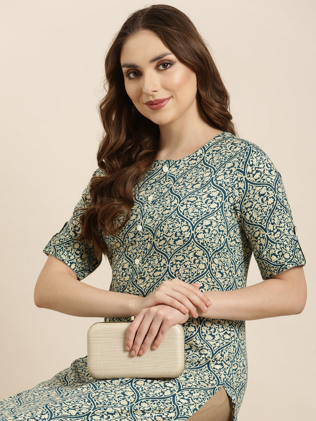 Women's Straight Teal Ethnic Motifs Kurta