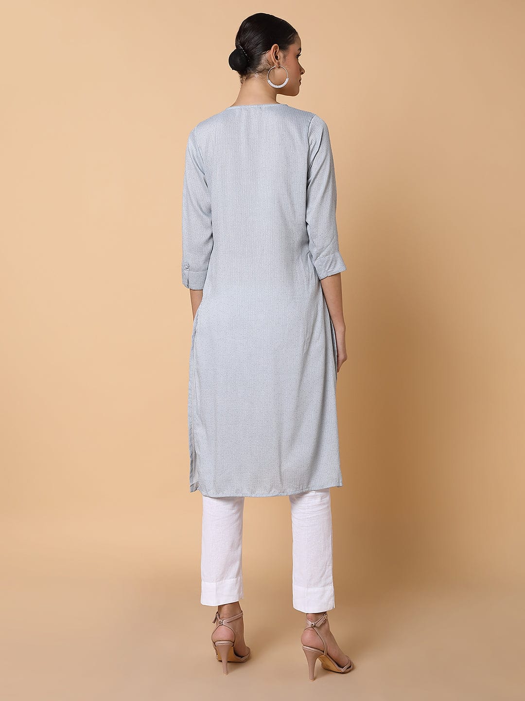 Women's Solid Sequins Grey Straight Kurta