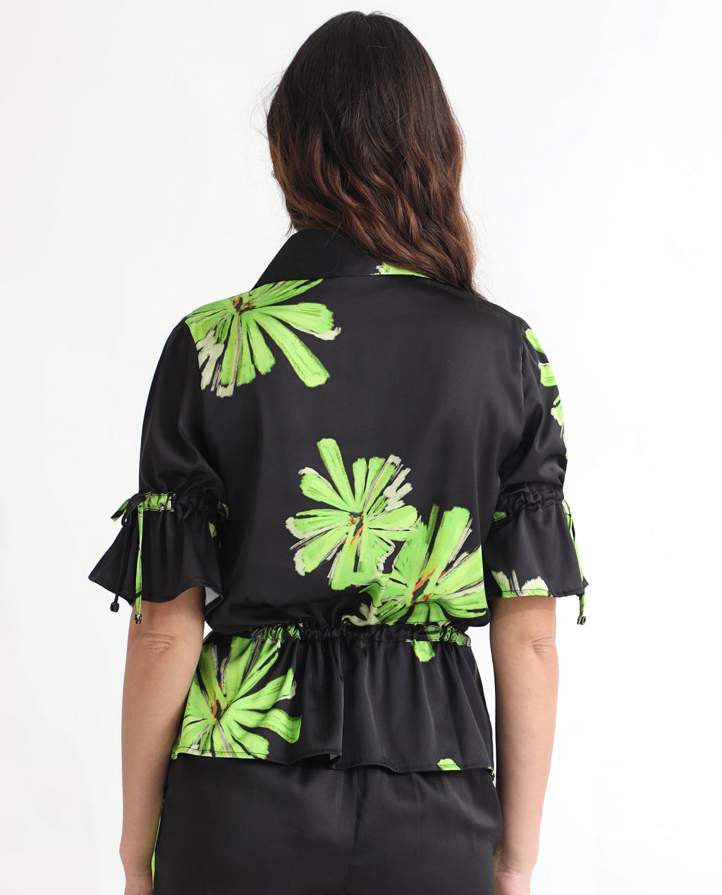 Rareism Women's Murphy Black Polyester Spread Collar Floral Print Regular Fit Top