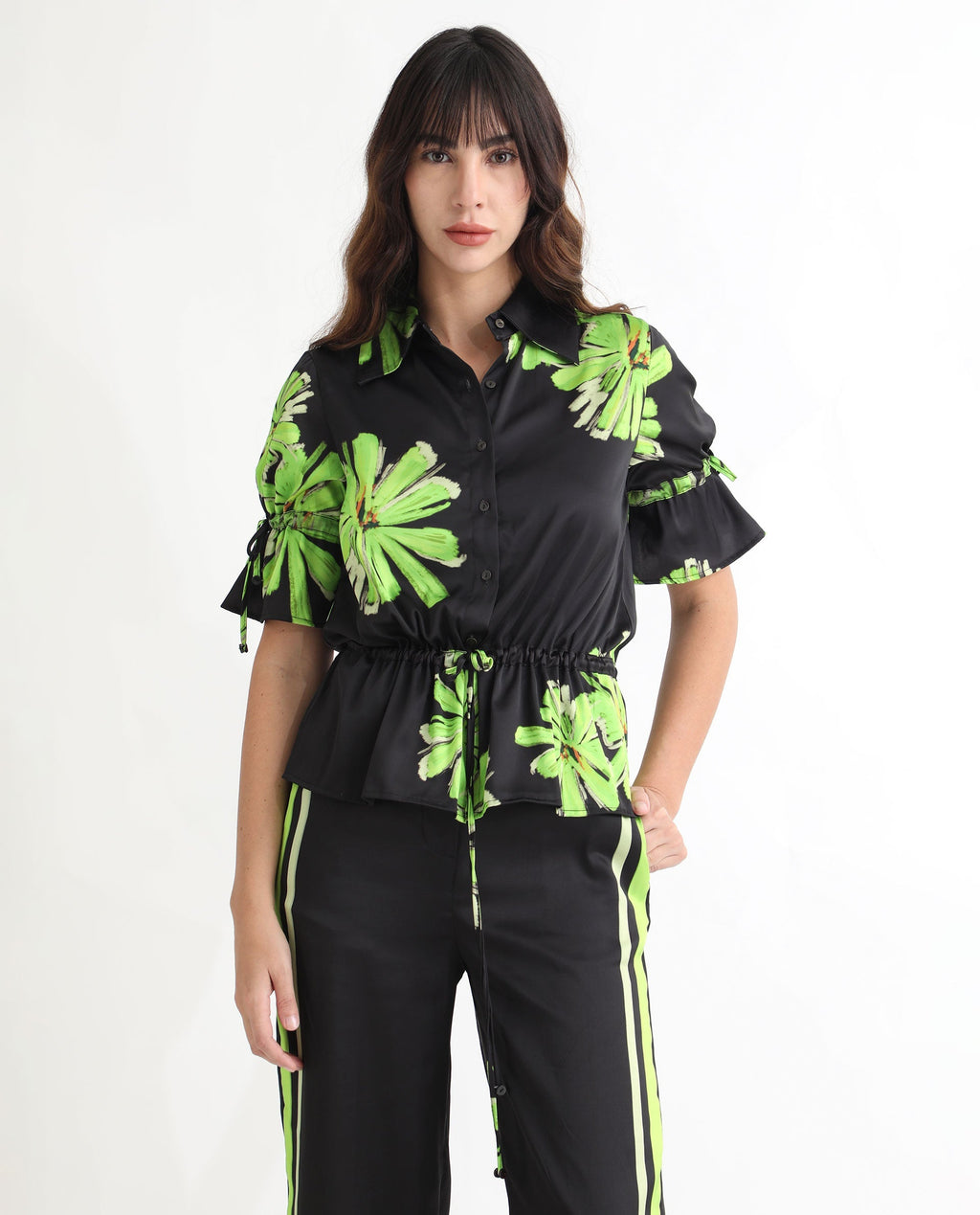 Rareism Women's Murphy Black Polyester Spread Collar Floral Print Regular Fit Top
