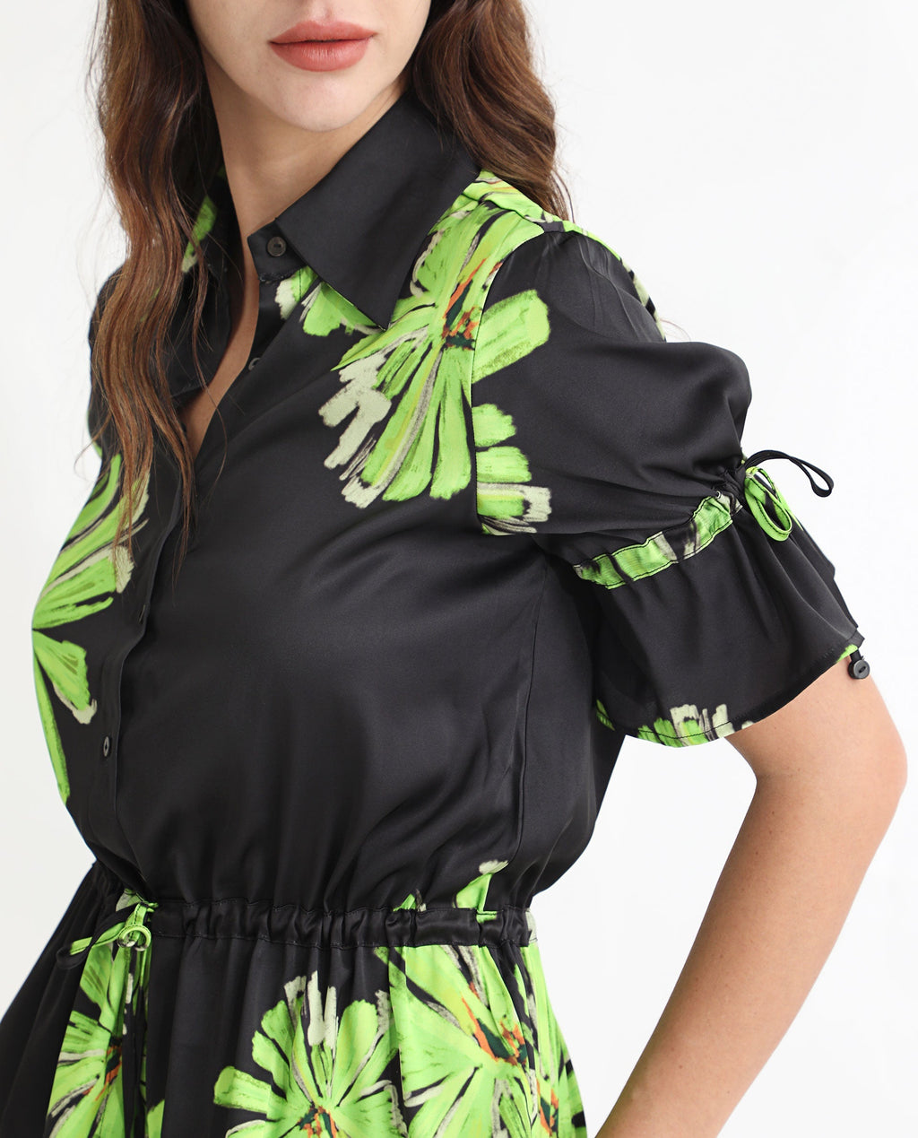 Rareism Women's Murphy Black Polyester Spread Collar Floral Print Regular Fit Top