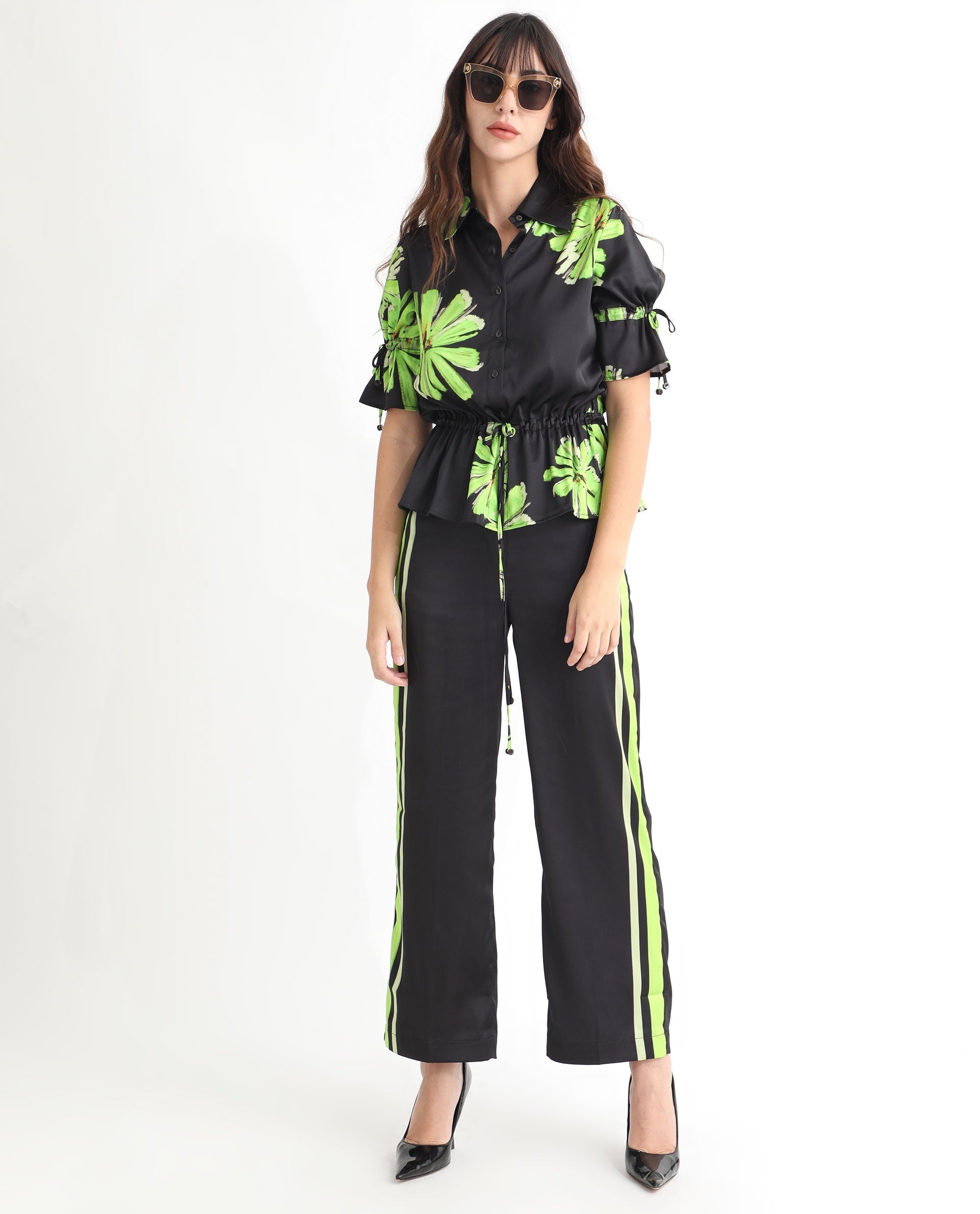 Rareism Women's Murphy Black Polyester Spread Collar Floral Print Regular Fit Top