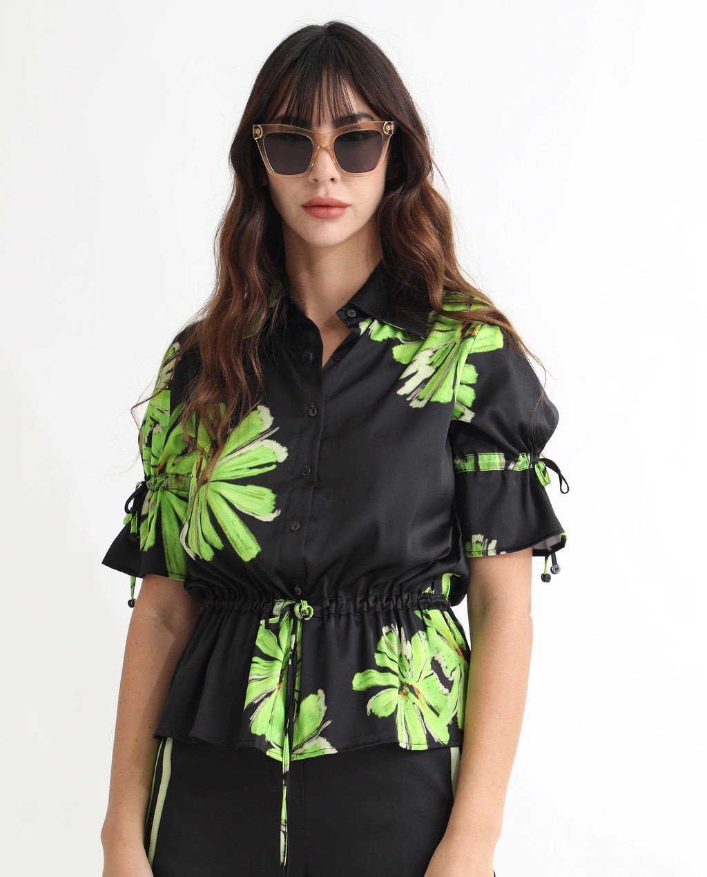 Rareism Women's Murphy Black Polyester Spread Collar Floral Print Regular Fit Top