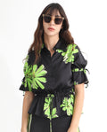 Rareism Women's Murphy Black Polyester Spread Collar Floral Print Regular Fit Top
