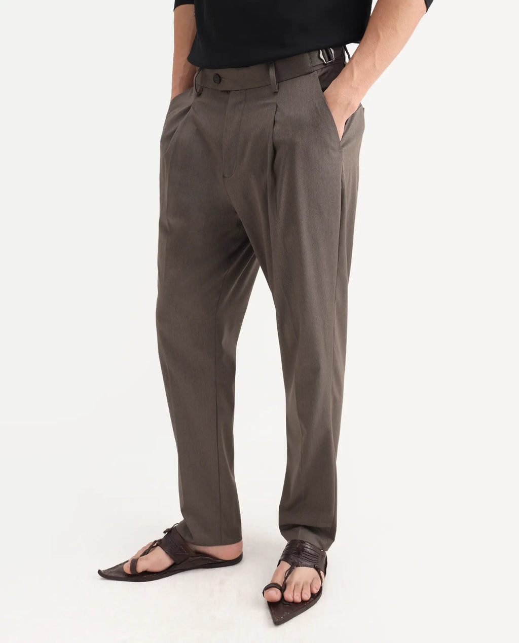 Rare Rabbit Men's Naji Dark Brown Cotton Blend Plain Relaxed Fit Trouser