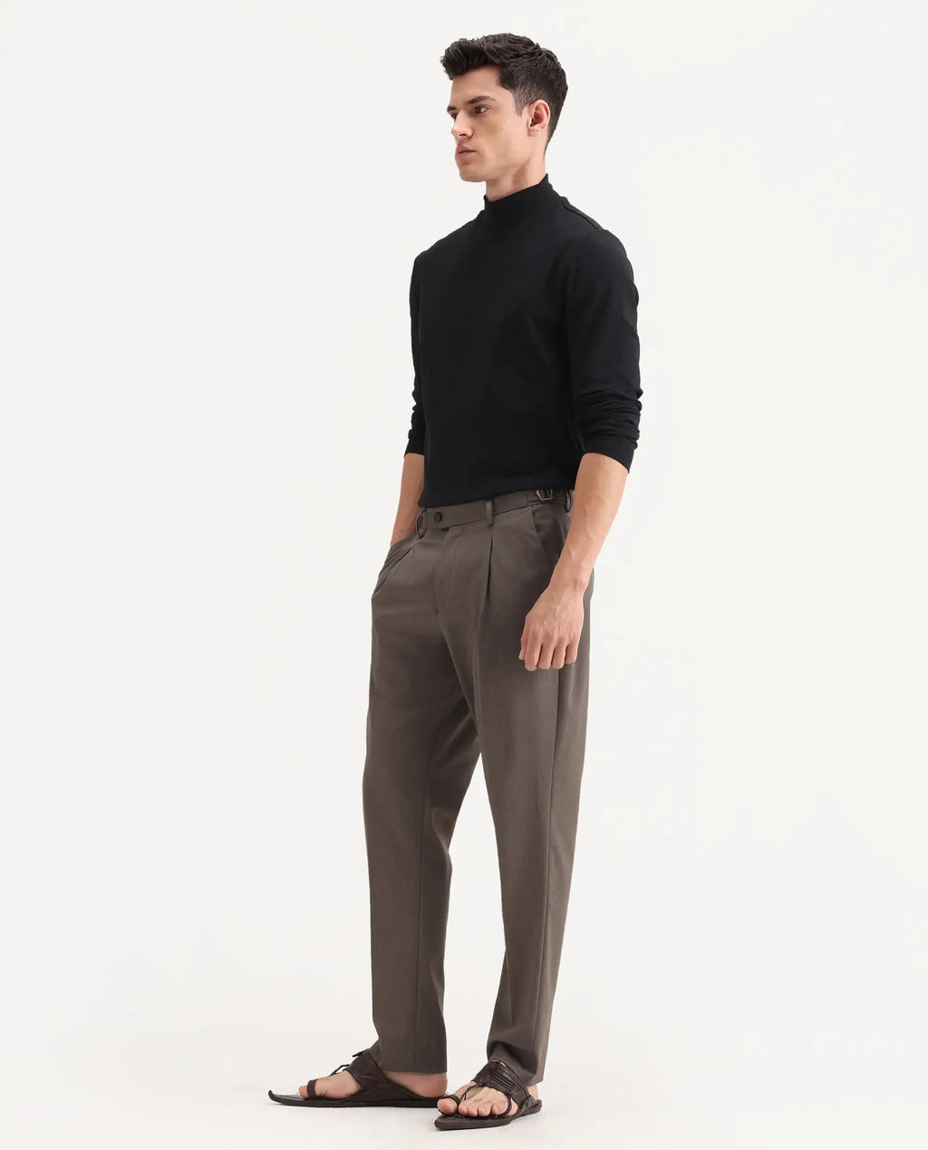 Rare Rabbit Men's Naji Dark Brown Cotton Blend Plain Relaxed Fit Trouser