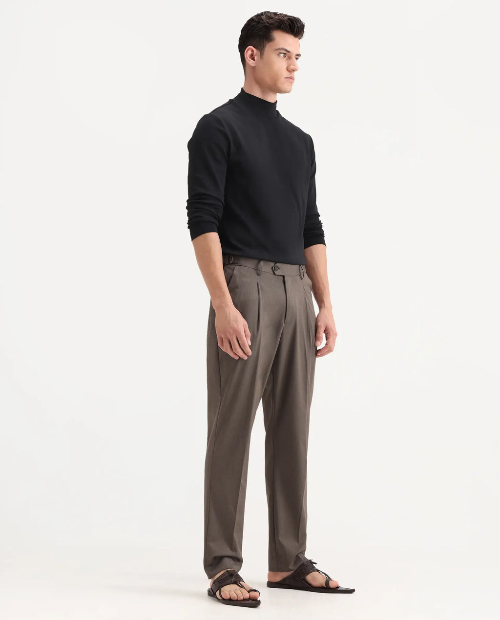 Rare Rabbit Men's Naji Dark Brown Cotton Blend Plain Relaxed Fit Trouser
