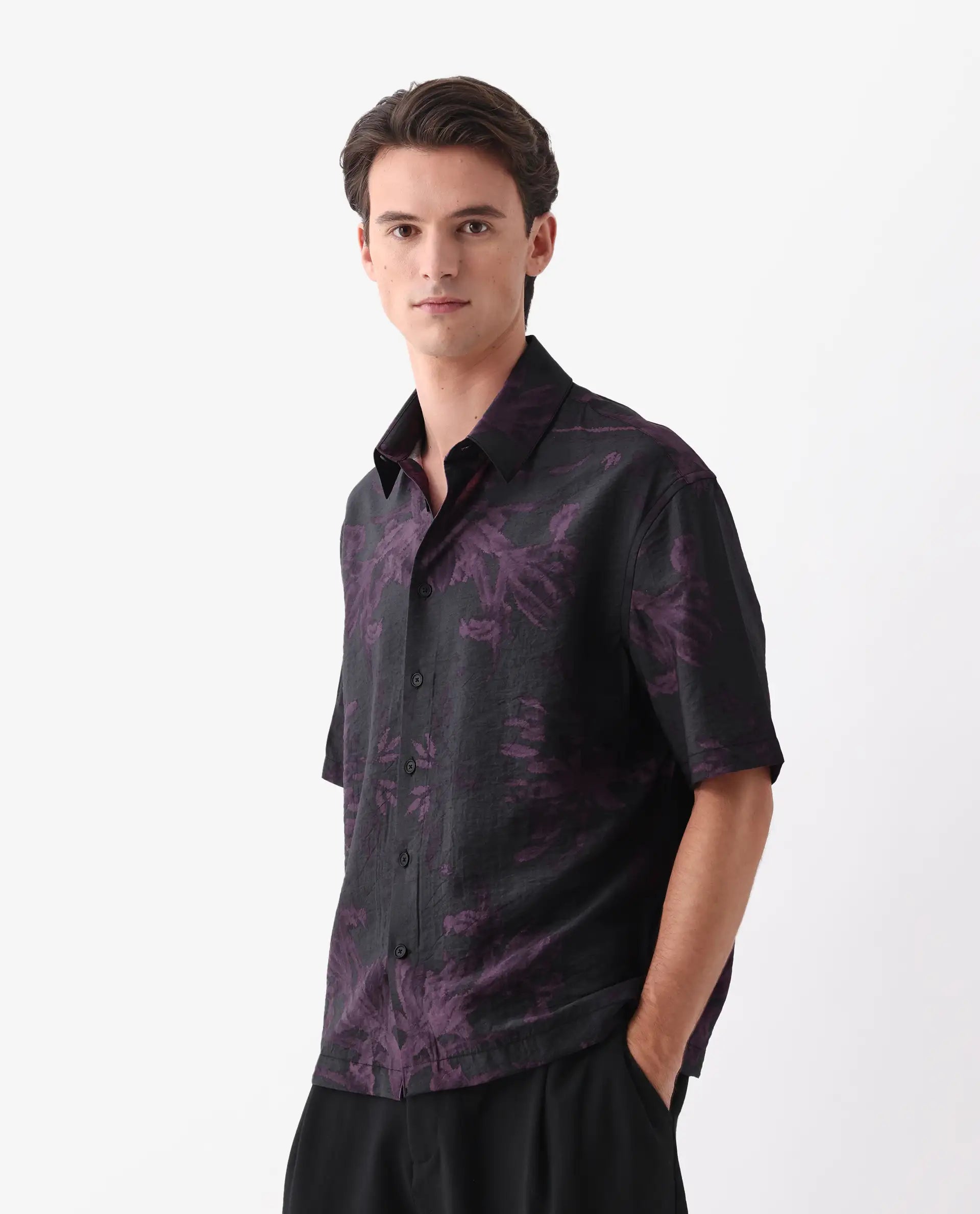 Rare Rabbit Men's Nao Black Viscose Abstract Print Boxy Fit Half Sleeve Collared Shirt