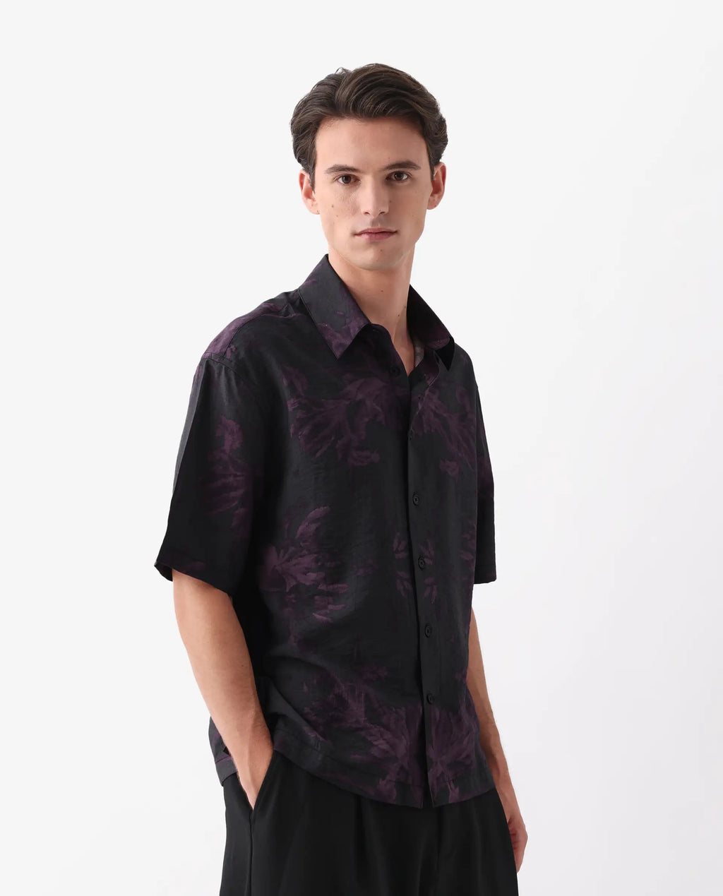 Rare Rabbit Men's Nao Black Viscose Abstract Print Boxy Fit Half Sleeve Collared Shirt