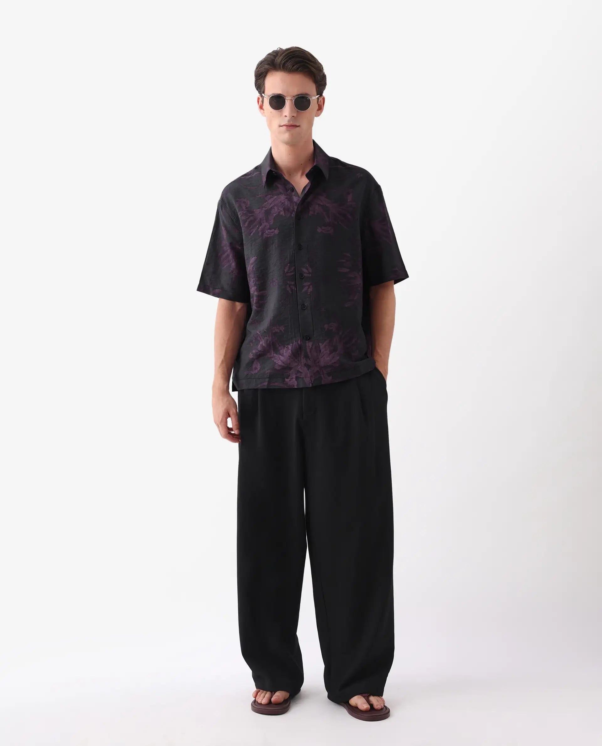 Rare Rabbit Men's Nao Black Viscose Abstract Print Boxy Fit Half Sleeve Collared Shirt