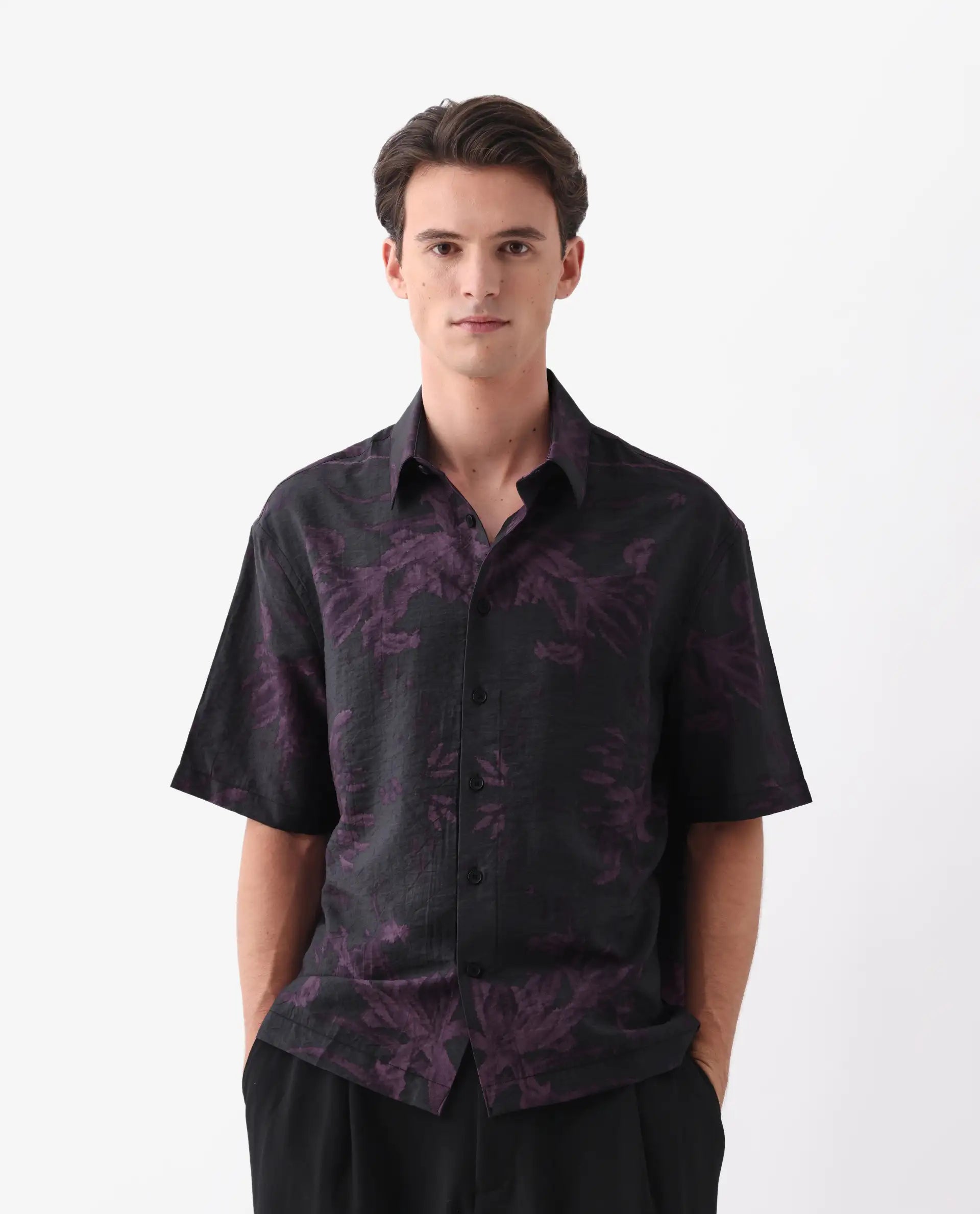 Rare Rabbit Men's Nao Black Viscose Abstract Print Boxy Fit Half Sleeve Collared Shirt